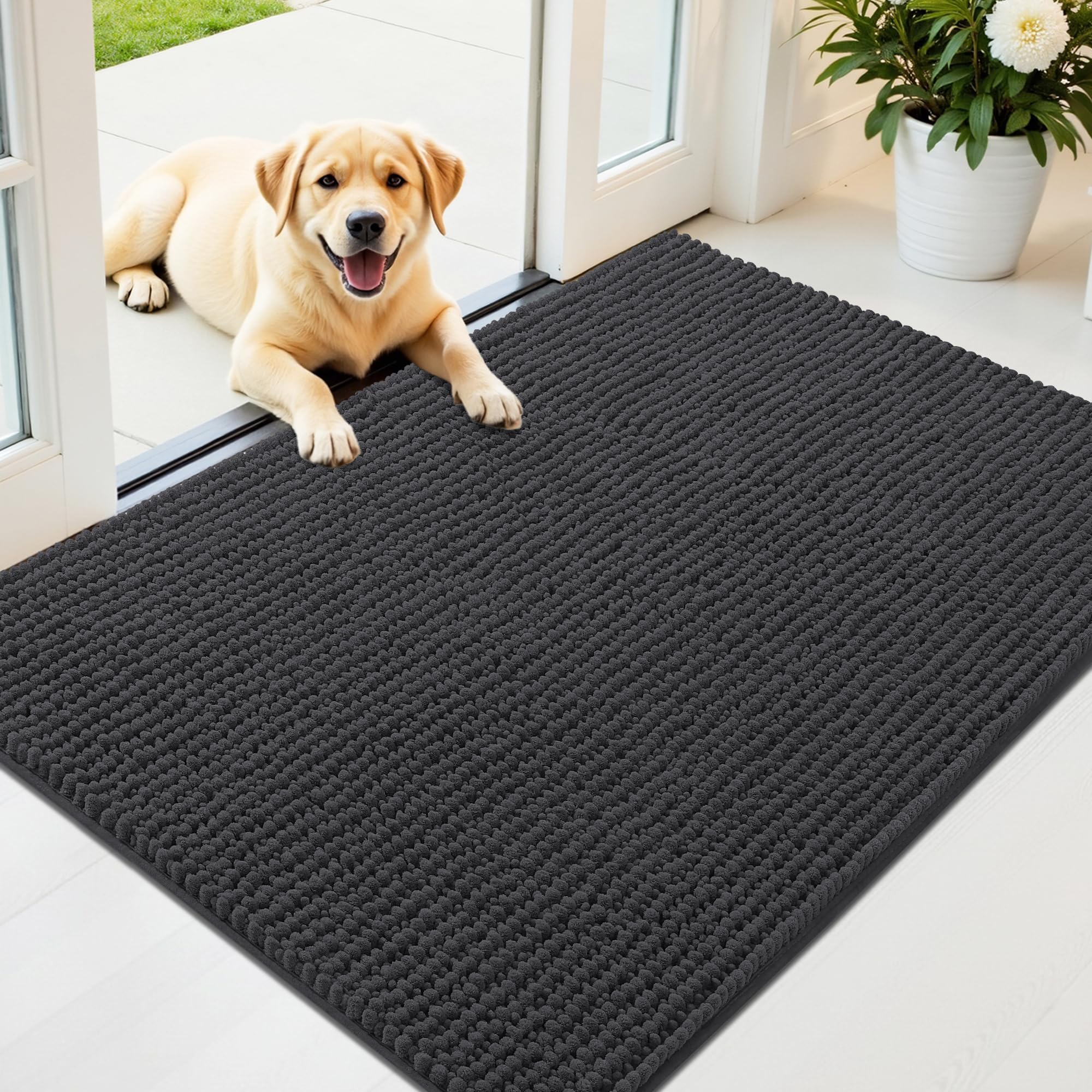 OLANLY Dog Door Mat for Muddy Paws 30x20, Ultra Absorbent Chenille Mud Doormat, Non-Slip Washable and Dirt Trapping Doormat for Indoor Entryway, Quick-Dry Indoor Pet Bed Mats for Dogs, Grey