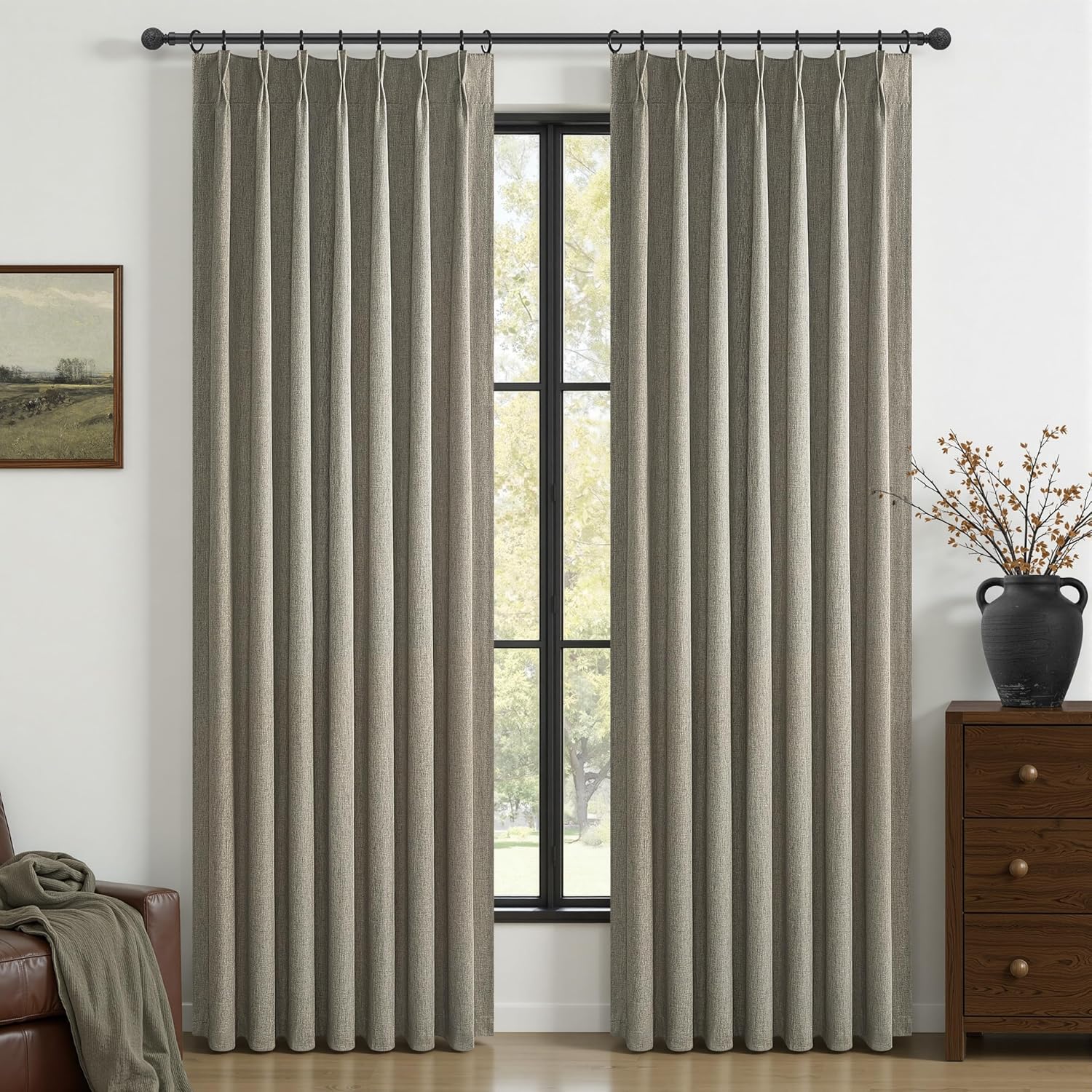 Natural Linen Pinch Pleated Blackout Curtains & Drapes 96 Inch Long Bedroom/Livingroom Farmhouse Curtains 2 Panel Sets, Neutral Track Room Darkening Thermal Insulated 8ft Back Tab Window Curtain