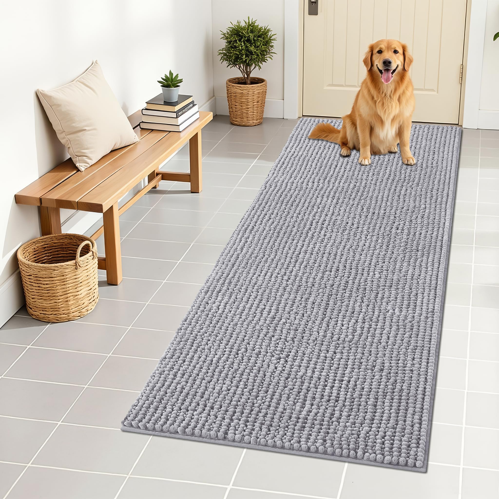 OLANLY Dog Door Mat for Muddy Paws 30x20, Ultra Absorbent Chenille Mud Doormat, Non-Slip Washable and Dirt Trapping Doormat for Indoor Entryway, Quick-Dry Indoor Pet Bed Mats for Dogs, Grey