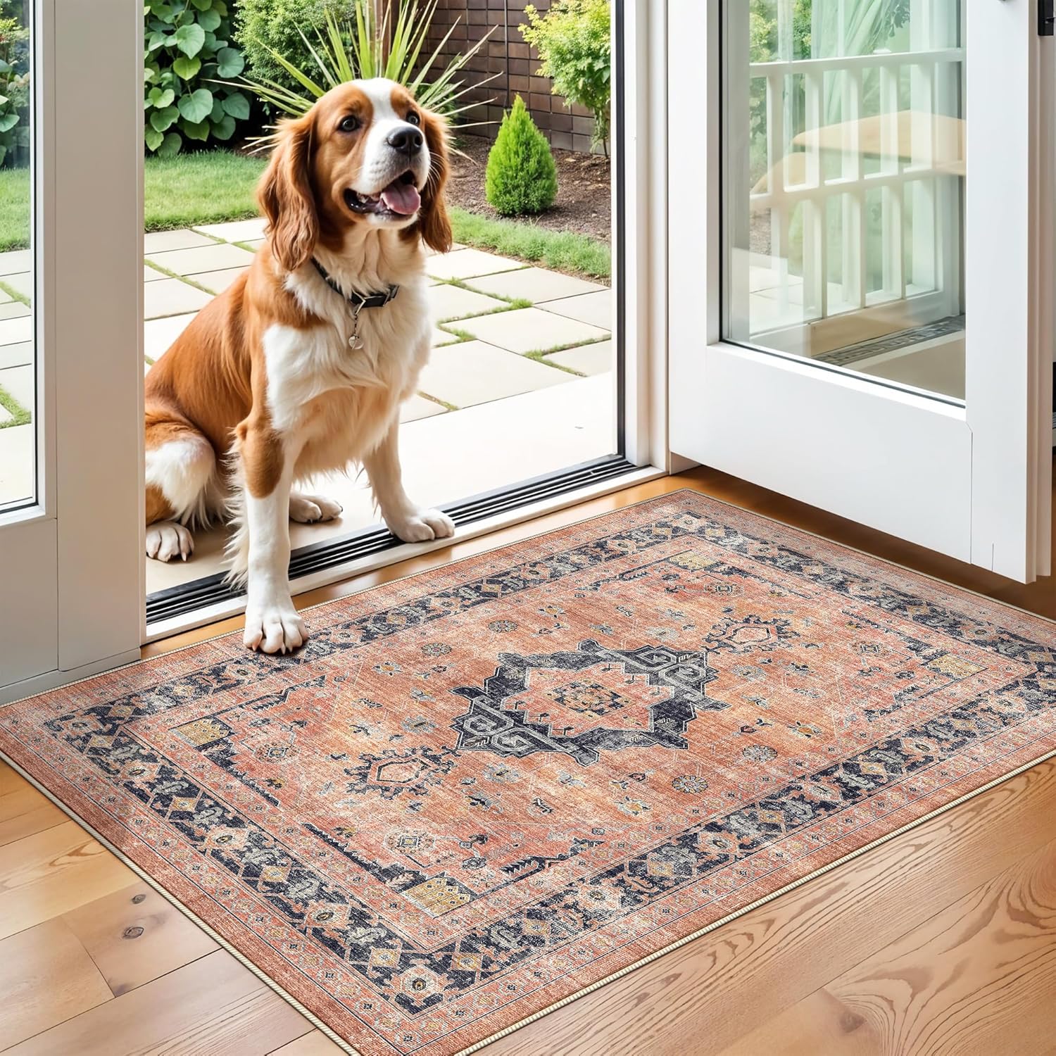 Washable 2x3 Entryway Area Rug - Neutral Kitchen Rug Runner Vintage Soft Floor Mat Non Slip Indoor Farmhouse Carpet for Bathroom Living Room Bedroom (2 X 3, Beige)