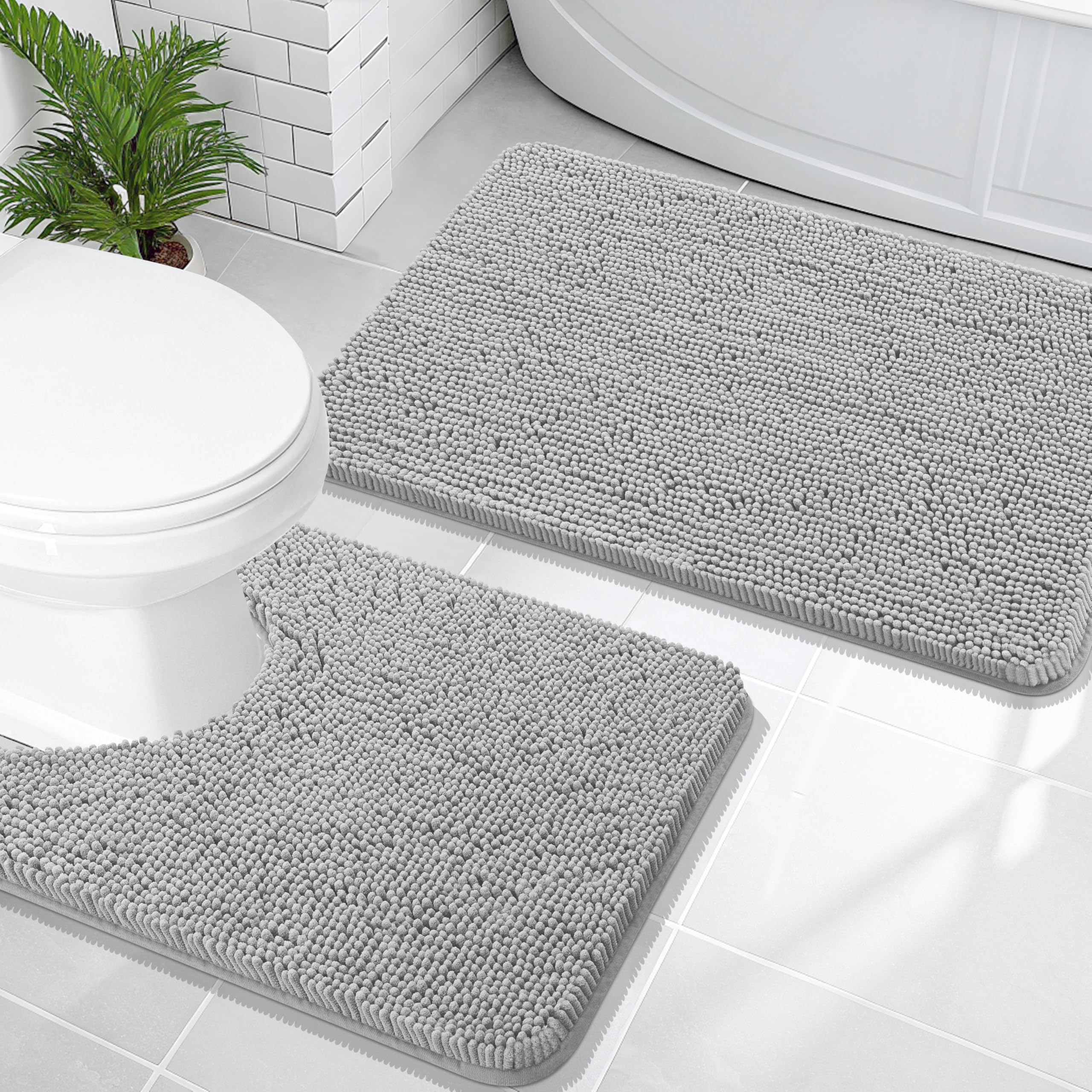 OLANLY Bathroom Rugs Sets 2 Piece, Soft Absorbent Chenille Bath Mats and U-Shaped Contour Toilet Mat Area Rug Set, Machine Washable Bath Carpet, Home Decor Accessories(30"x20"+24"x20", Grey)