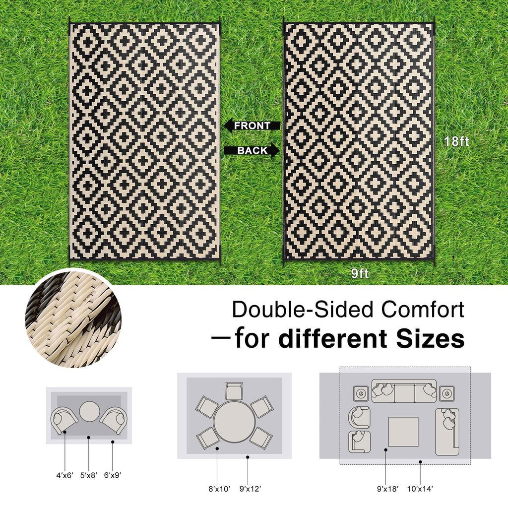 OLANLY Waterproof Outdoor Rug 5x8 ft, Outdoor Plastic Straw Rug for Camping, RV Mat Outside, Indoor Outdoor Carpet for Porch, Deck, Backyard, Balcony, Picnic, Black & White