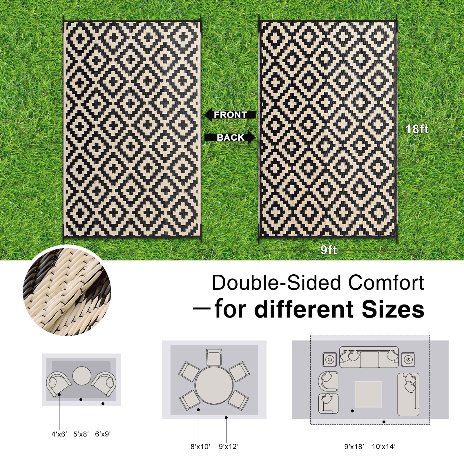 OLANLY Waterproof Outdoor Rug 5x8 ft, Outdoor Plastic Straw Rug for Camping, RV Mat Outside, Indoor Outdoor Carpet for Porch, Deck, Backyard, Balcony, Picnic, Black & White