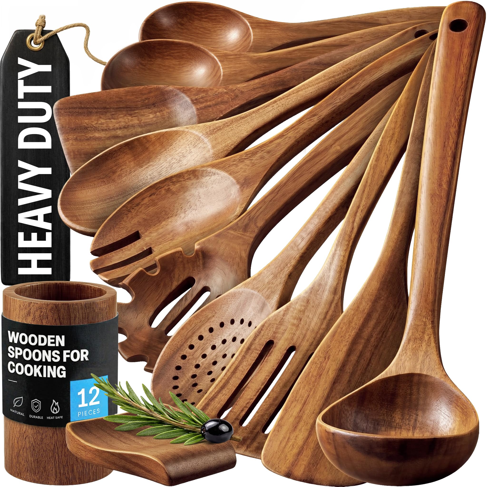 Zulay Kitchen 6 Piece Wooden Spoons for Cooking – Natural Teak Wooden Utensil Set, Easy to Clean, Durable, Smooth with Comfort Grip - Non Toxic Wooden Cooking Utensil Sets