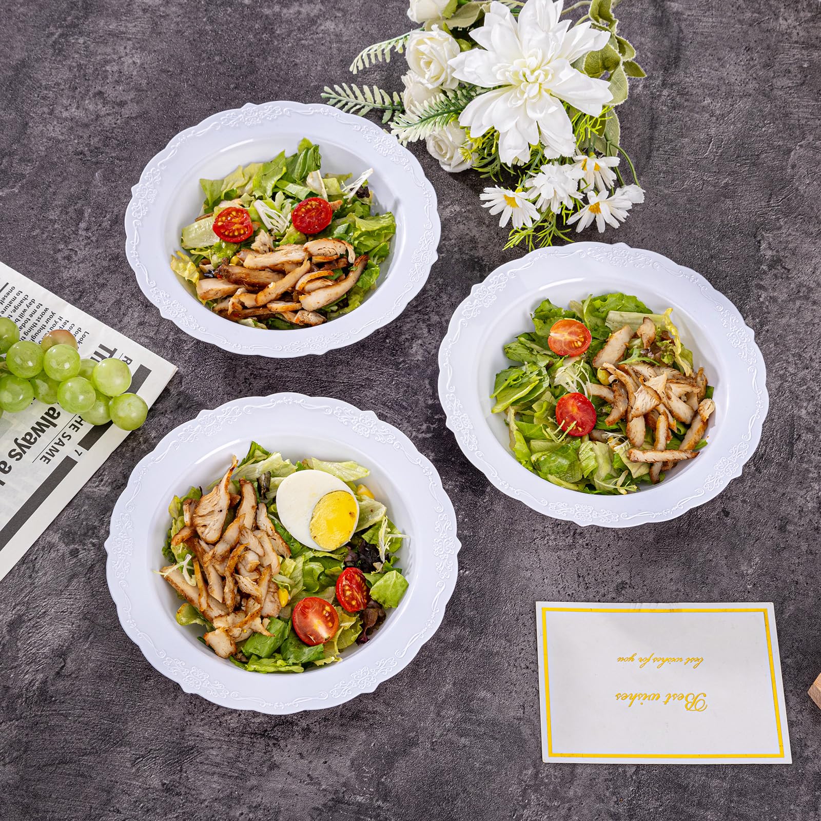DaYammi 50 Pack White Plastic Bowls, 12oz Disposable Soup Bowls, White bowls Disposable Heavy Duty Dinner Bowls for Weddings, Salad Bowl for Parties, Dinners, Catering and Everyday Use
