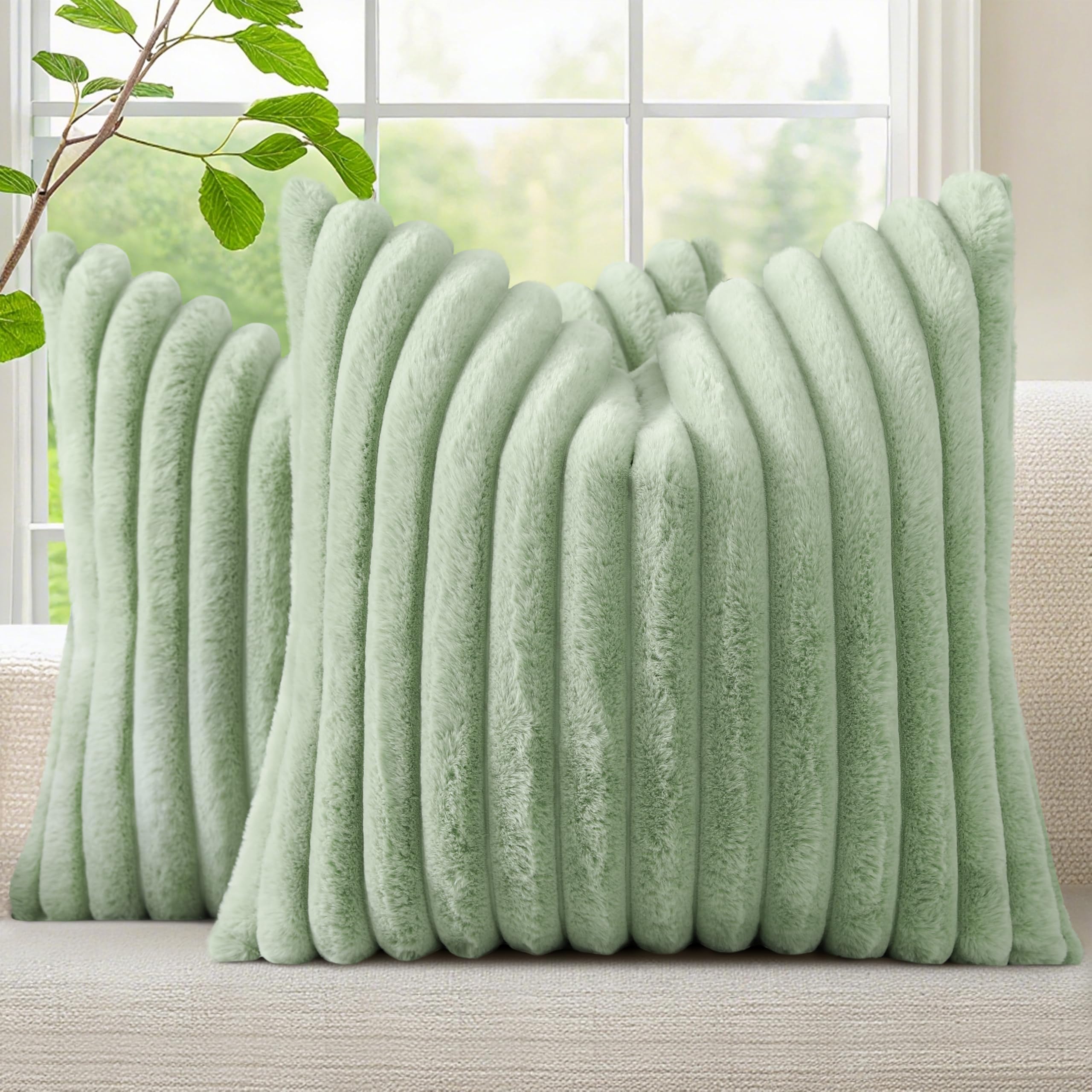decorUhome Cozy Faux Fur Spring Throw Pillow Covers 18x18 Set of 2 Decorative Soft Plush Striped Modern Farmhouse Boho Couch Pillow Cases with Velvet Back for Sofa Bed Living Room, Cream White