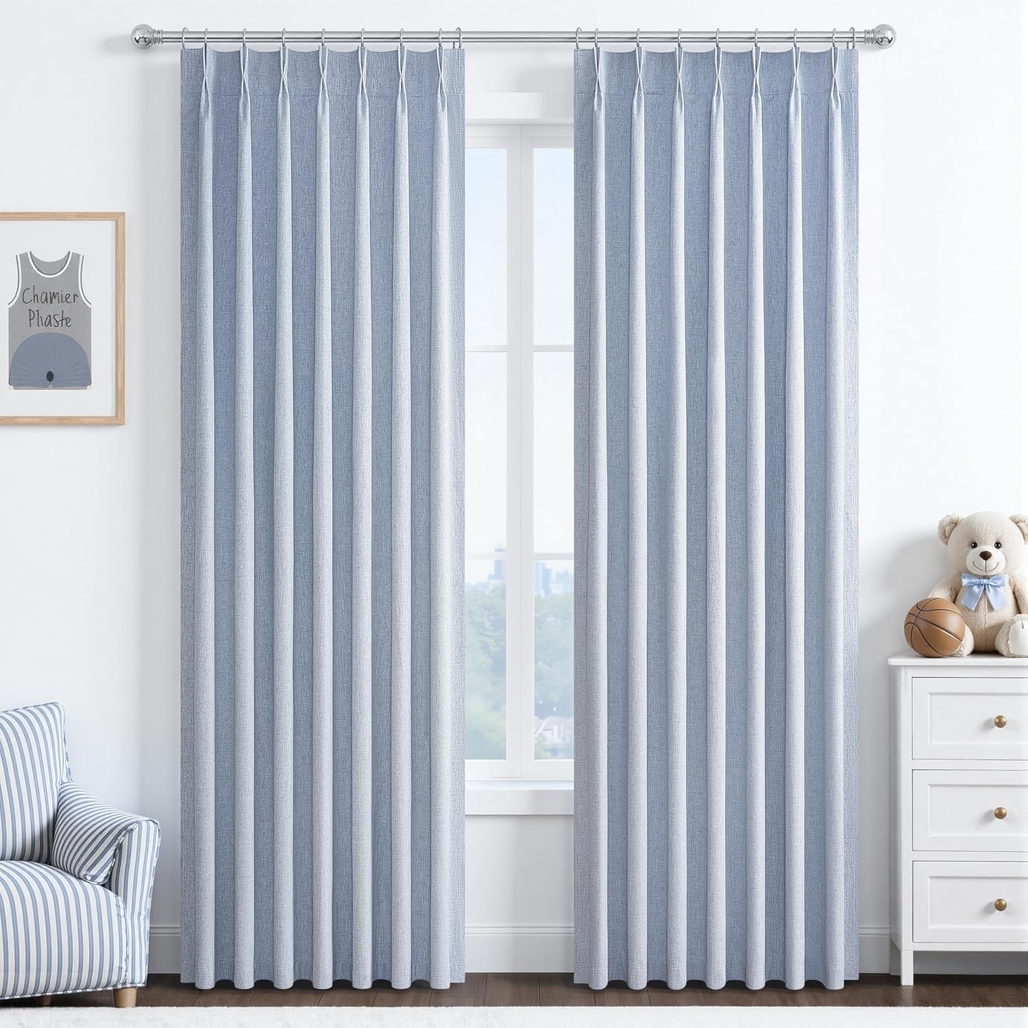 Natural Linen Pinch Pleated Blackout Curtains & Drapes 96 Inch Long Bedroom/Livingroom Farmhouse Curtains 2 Panel Sets, Neutral Track Room Darkening Thermal Insulated 8ft Back Tab Window Curtain