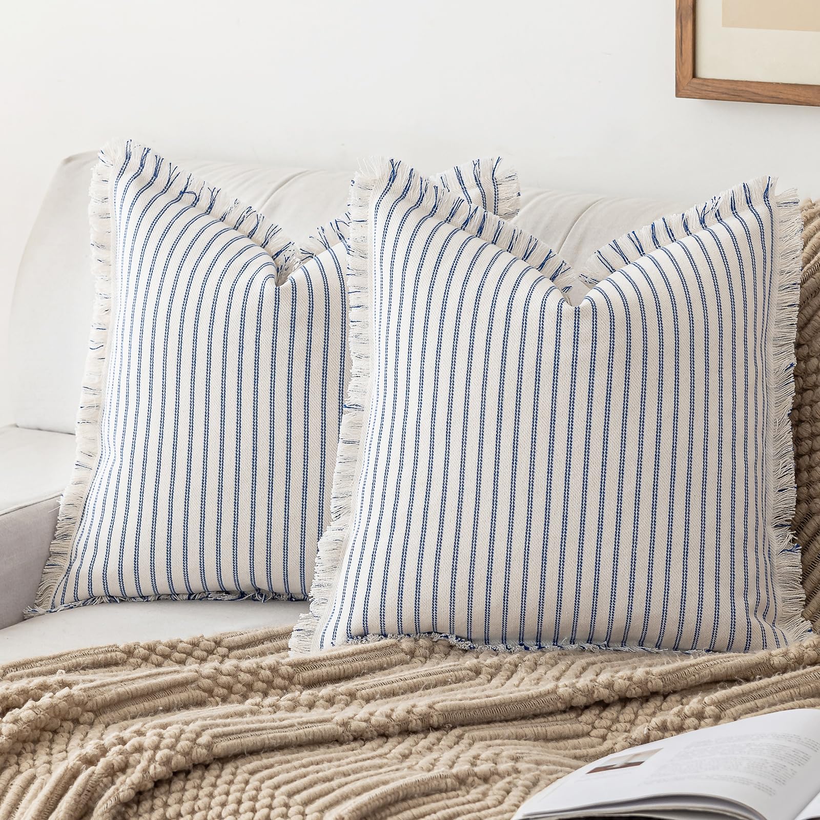 YEENAASY Throw Pillow Covers 20x20 Set of 2 Striped Fringe Pillow Cover Farmhouse Cushion Covers with Tassel Neutral Boho Pillows Decorative Square Pillowcase for Couch Sofa Bed, Black