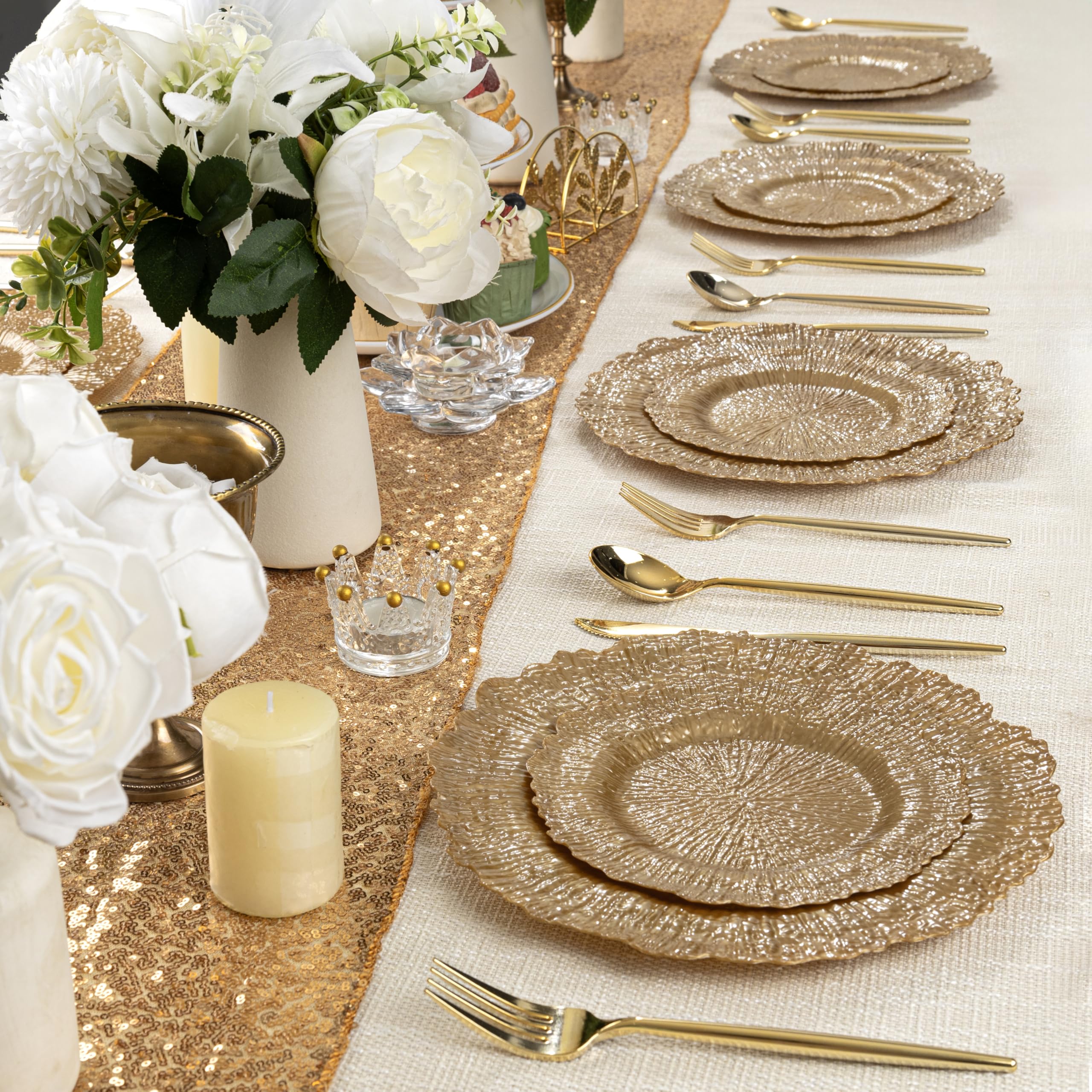 DaYammi 60Pcs Gold Plastic Plates-Elegant Gold Plates Disposable & Reusable-Heavy Duty Plastic Plates for Party Including 30 Dinner Plate, 30 Dessert Plate for Weddings,Dinner Parties