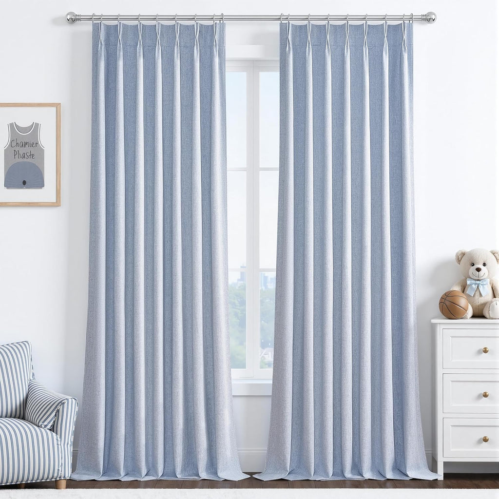 Natural Linen Pinch Pleated Blackout Curtains & Drapes 96 Inch Long Bedroom/Livingroom Farmhouse Curtains 2 Panel Sets, Neutral Track Room Darkening Thermal Insulated 8ft Back Tab Window Curtain