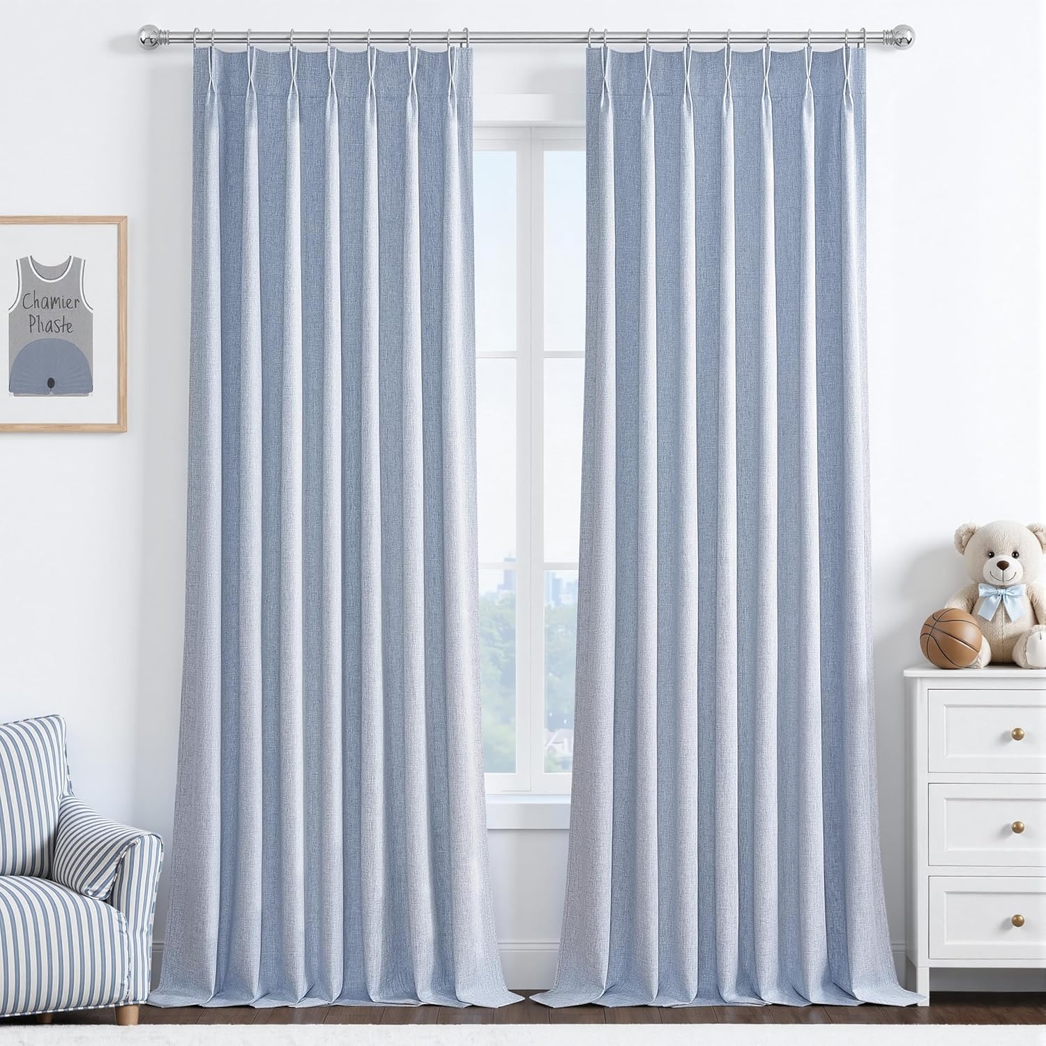 Natural Linen Pinch Pleated Blackout Curtains & Drapes 96 Inch Long Bedroom/Livingroom Farmhouse Curtains 2 Panel Sets, Neutral Track Room Darkening Thermal Insulated 8ft Back Tab Window Curtain