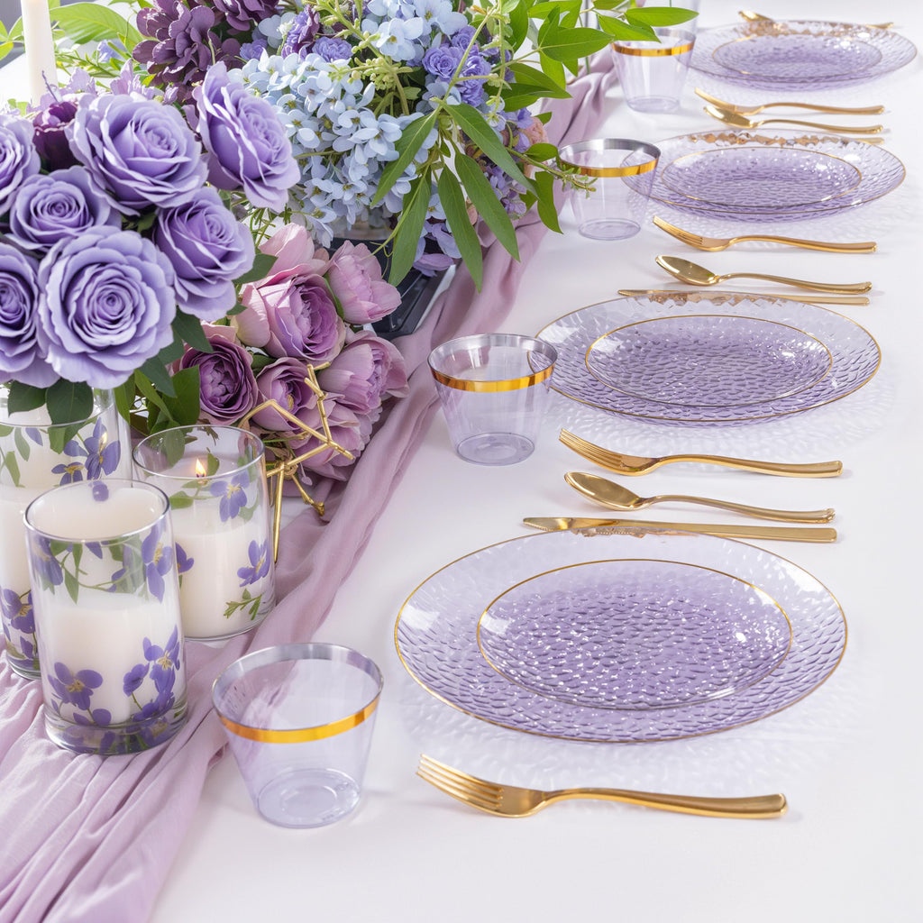 DaYammi 350PCS Clear Gold Plastic Dinnerware Set for 50 Guests, Hammered Disposable Plates for Party, Include: 50 Dinner Plates, 50 Dessert Plates, 150 Gold Silverware, 50 Napkins, 50 Cups