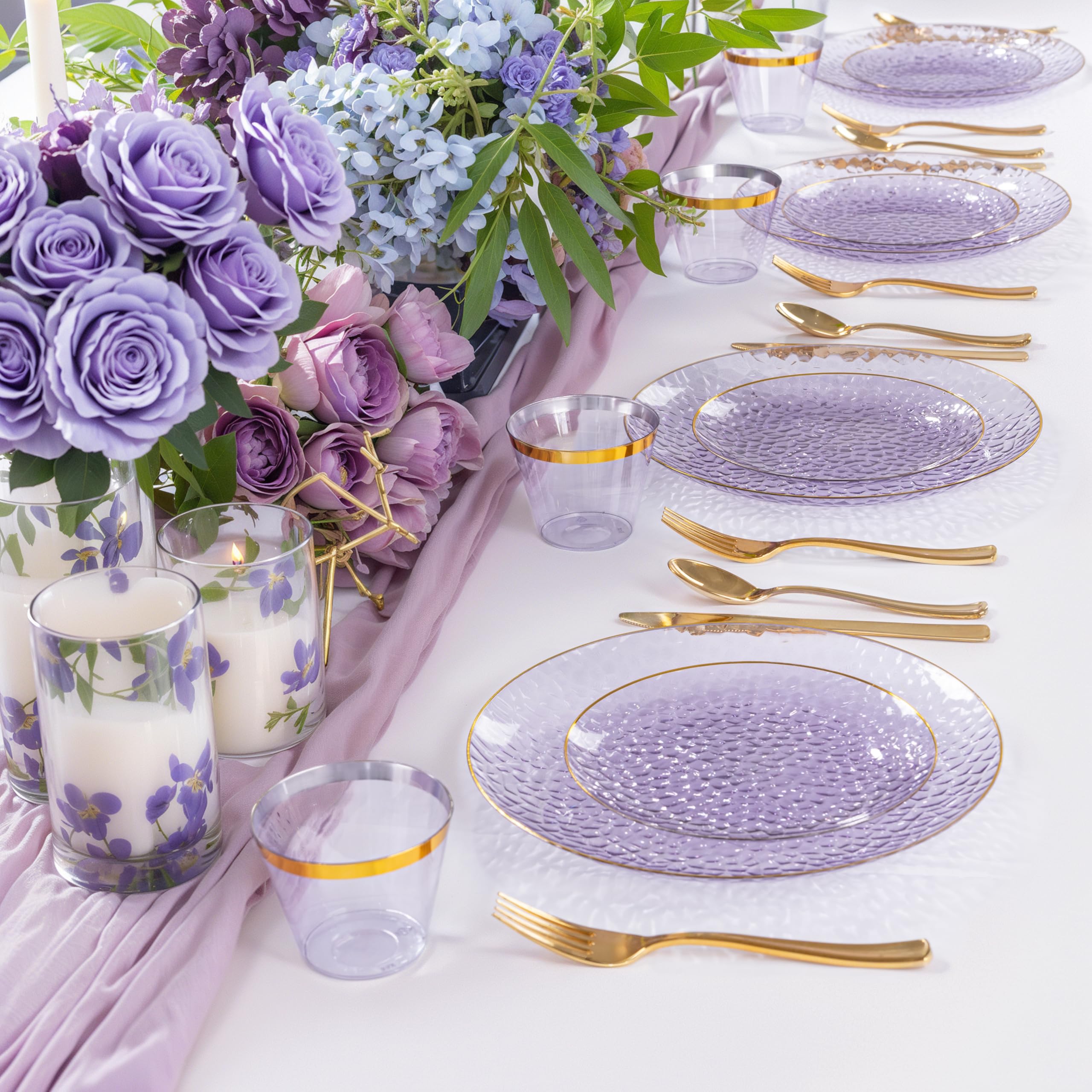 DaYammi 350PCS Clear Gold Plastic Dinnerware Set for 50 Guests, Hammered Disposable Plates for Party, Include: 50 Dinner Plates, 50 Dessert Plates, 150 Gold Silverware, 50 Napkins, 50 Cups