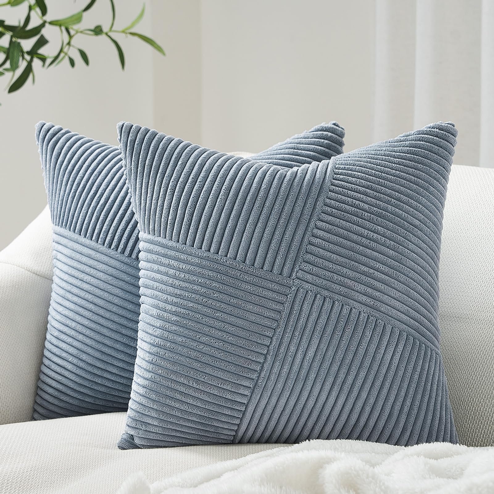 Topfinel Olive Green Decorative Throw Pillow Covers Set of 2 18x18 Inches for Couch Bed Sofa, Boho Aesthetic Home Decor, Soft Corduroy Striped Patchwork Windmill Textured Cushion Cases 45x45 cm