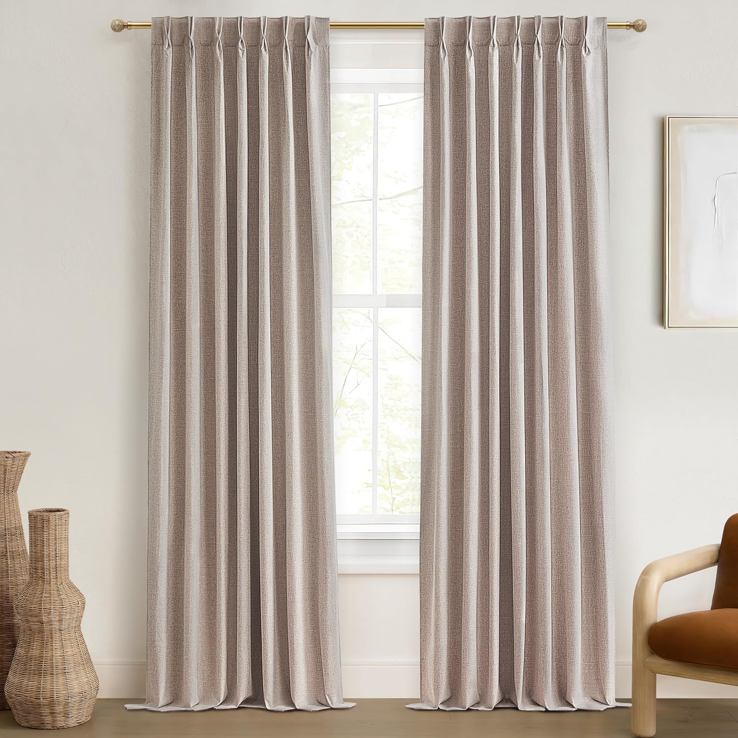 Natural Linen Pinch Pleated Blackout Curtains & Drapes 96 Inch Long Bedroom/Livingroom Farmhouse Curtains 2 Panel Sets, Neutral Track Room Darkening Thermal Insulated 8ft Back Tab Window Curtain