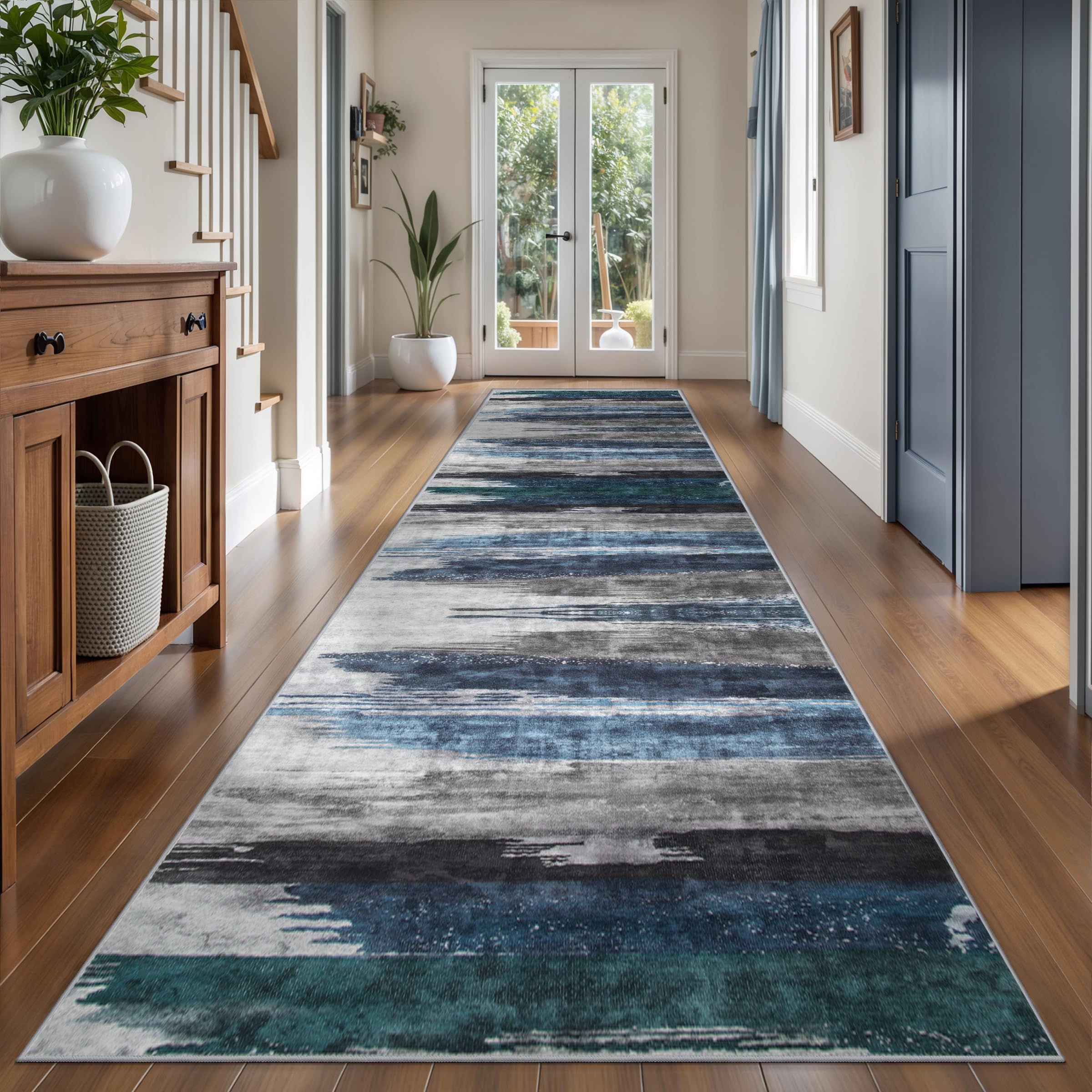 Ciicool Modern Abstract Area Rug 2x3 Washable Small Entryway Rug, Non-Slip Low Pile Throw Rug, Foldable Kitchen Bathroom Rugs, Blue Grey Floor Carpet for Entrance Living Room Bedroom Indoor Doormat