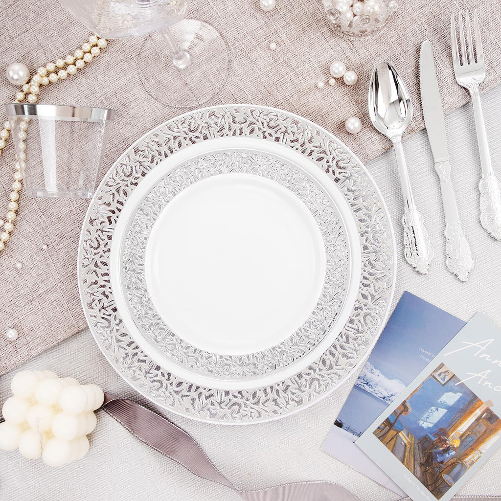 DaYammi 350PCS Gold Plastic Dinnerware Set for 50 Guests, Fancy Disposable Plates for Party, Include: 50 Dinner Plates, 50 Dessert Plates, 50 Pre Rolled Napkins with Gold Silverware, 50 Cups