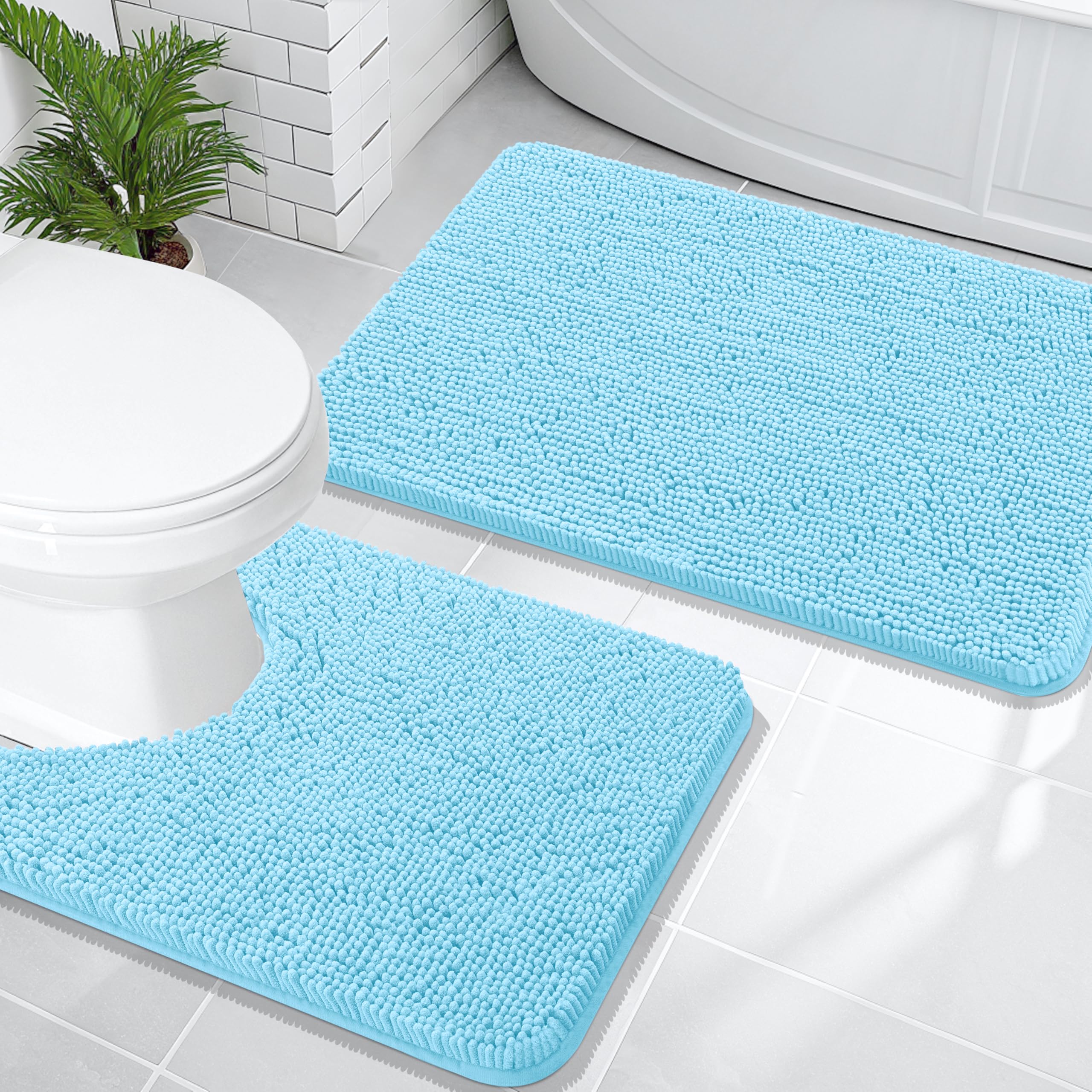 OLANLY Bathroom Rugs Sets 2 Piece, Soft Absorbent Chenille Bath Mats and U-Shaped Contour Toilet Mat Area Rug Set, Machine Washable Bath Carpet, Home Decor Accessories(30"x20"+24"x20", Grey)