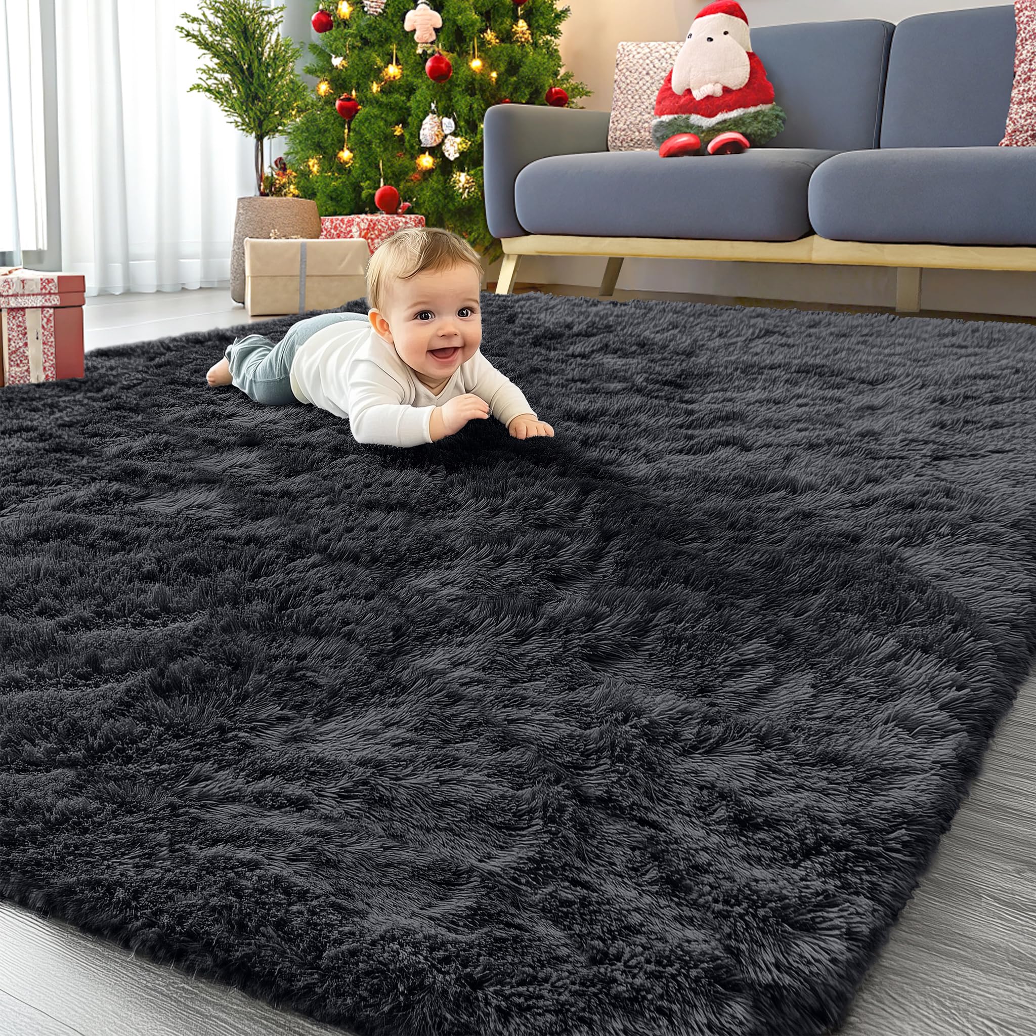 OLANLY Area Rugs for Living Room Bedroom, Machine Washable 4x5.9 ft Soft Fluffy Shaggy Bedside Rug, Indoor Floor Carpet for Kids Girls and Boys, Dorms, Nursery Rooms, Home Decor Aesthetic, Grey