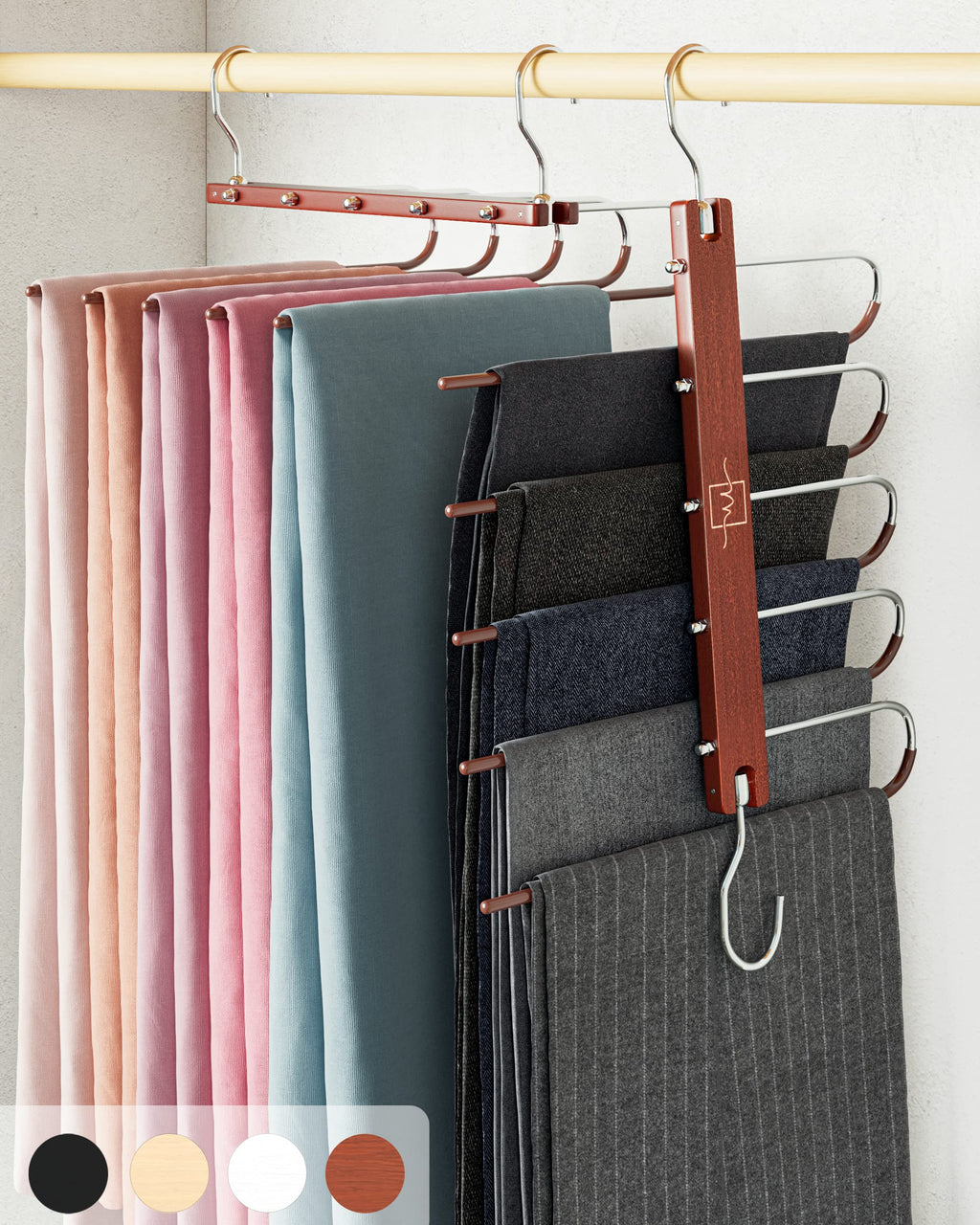 MORALVE Pants Hangers Space Saving - 2 Pack European Beechwood Scarf and Jean Hangers - Closet Organizer and Space Saver Pant Rack, Leggings Hanger, and Scarf Holder with 360° Swivel Hook