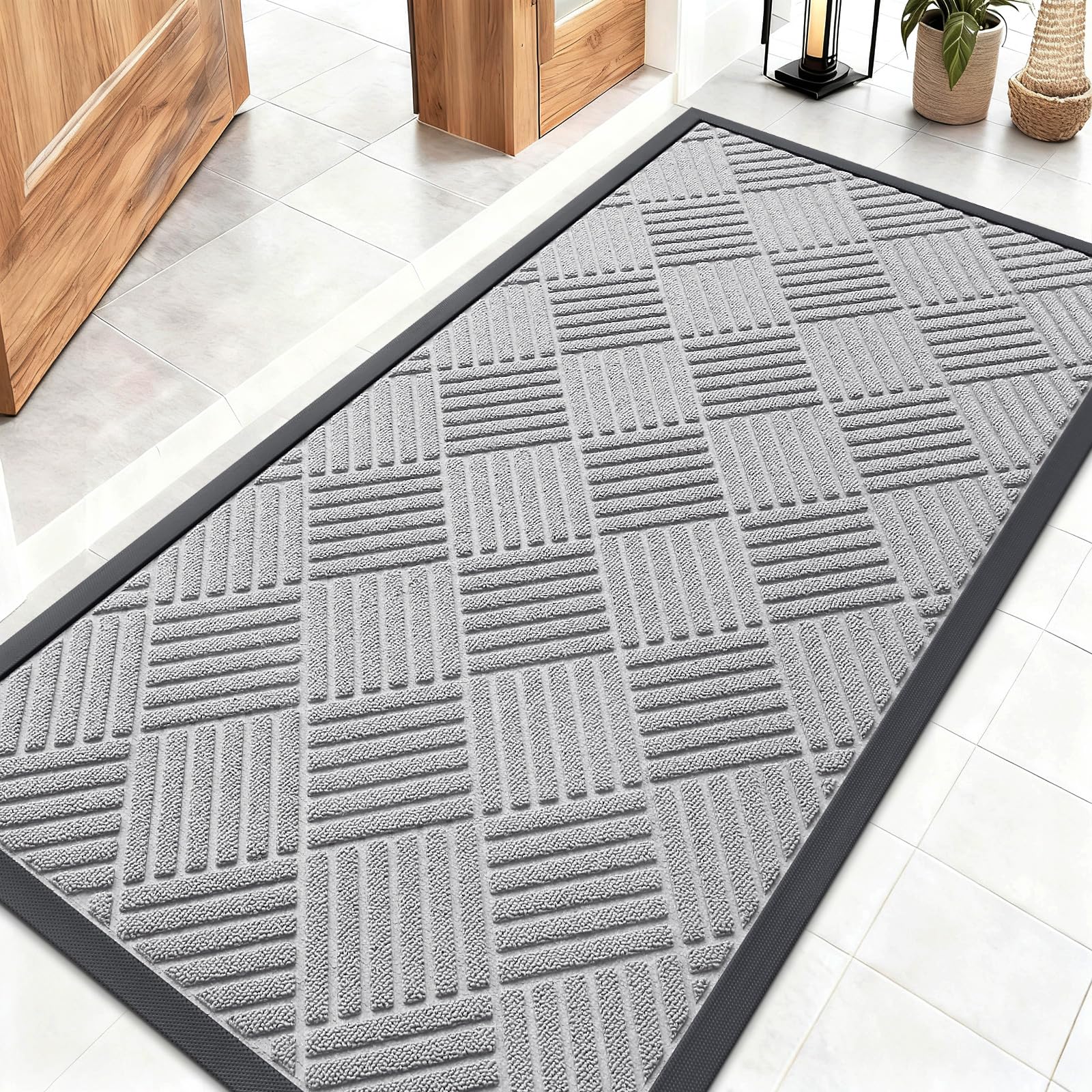 OLANLY Front Door Mat Outside Entrance 29.5x17, Absorbent, Heavy Duty Sturdy Natural Rubber Doormat Indoor Outdoor, Stain and Fade Resistant, Non-Slip Low Profile Floor Mat for Entryway, Grey Diamond
