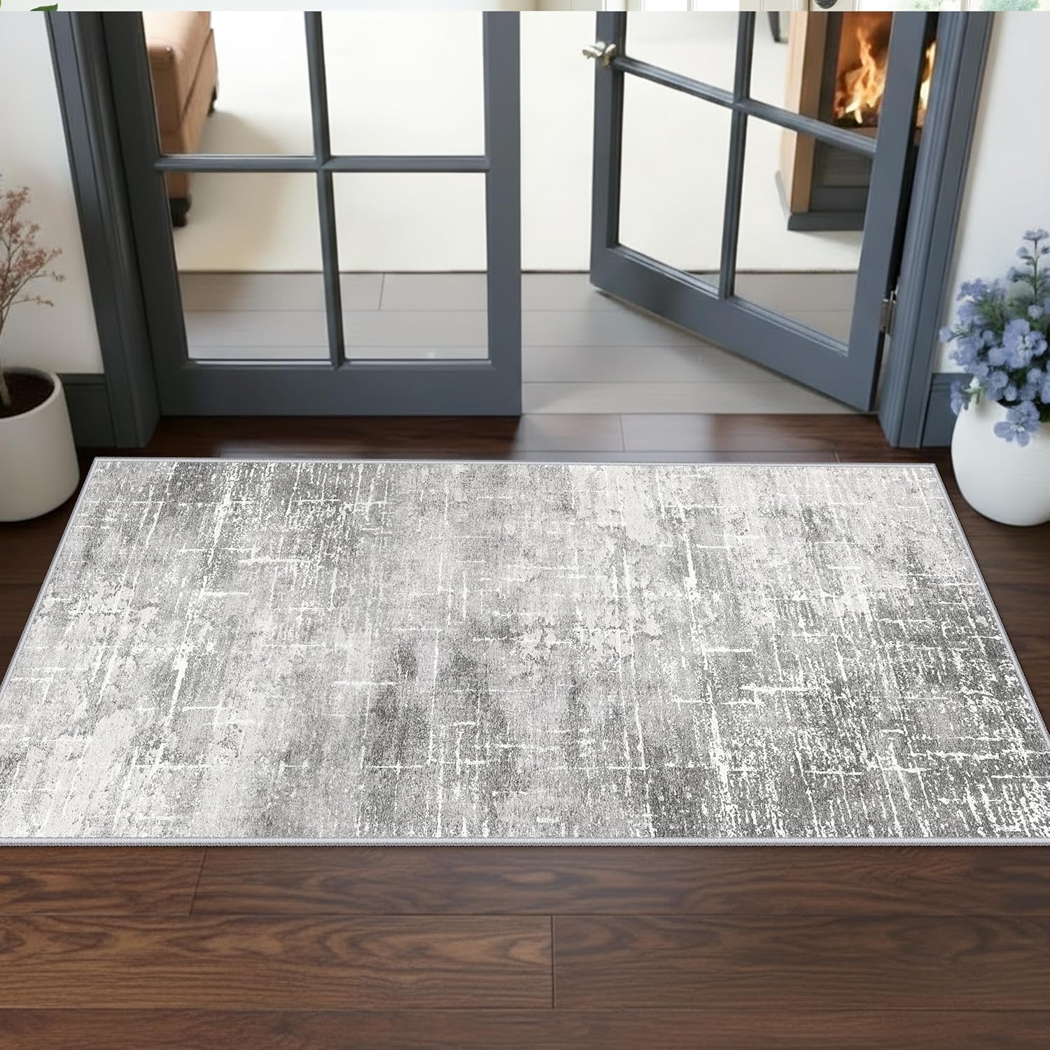Washable 2x3 Entryway Area Rug - Neutral Kitchen Rug Runner Vintage Soft Floor Mat Non Slip Indoor Farmhouse Carpet for Bathroom Living Room Bedroom (2 X 3, Beige)