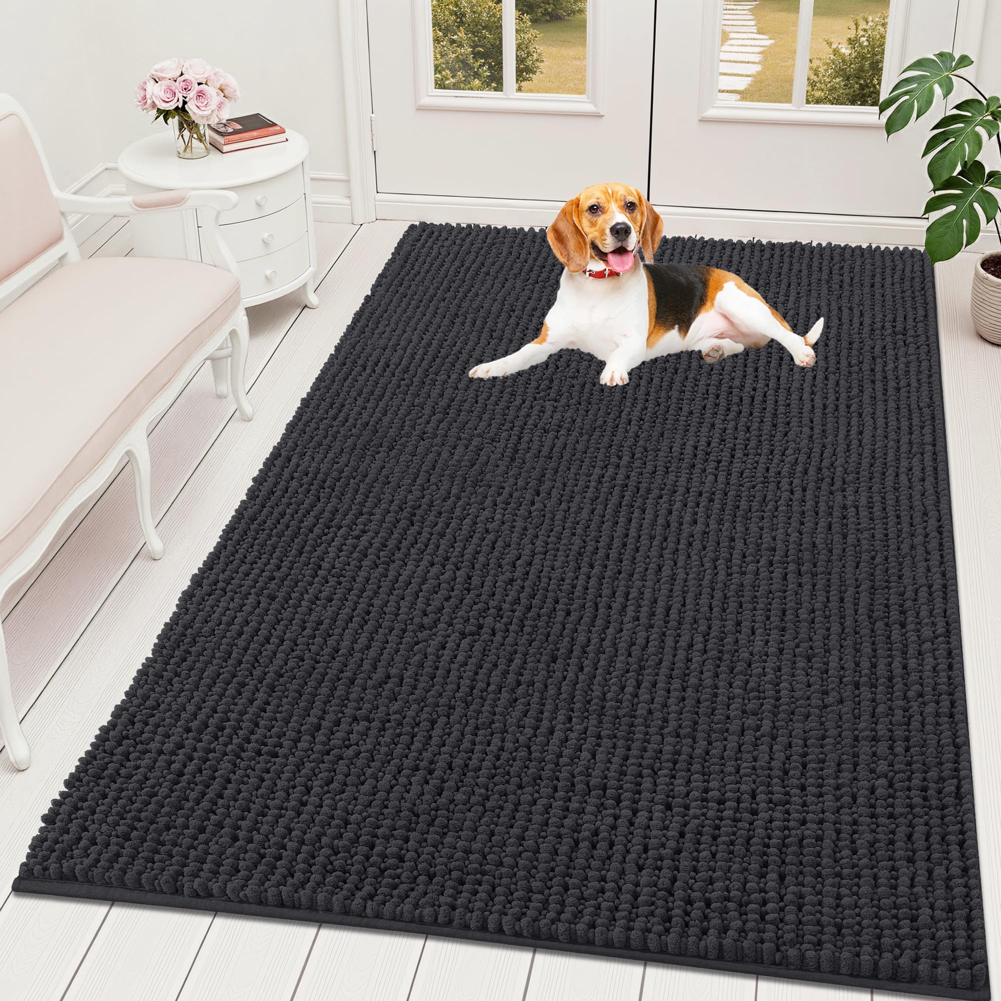 OLANLY Dog Door Mat for Muddy Paws 30x20, Ultra Absorbent Chenille Mud Doormat, Non-Slip Washable and Dirt Trapping Doormat for Indoor Entryway, Quick-Dry Indoor Pet Bed Mats for Dogs, Grey