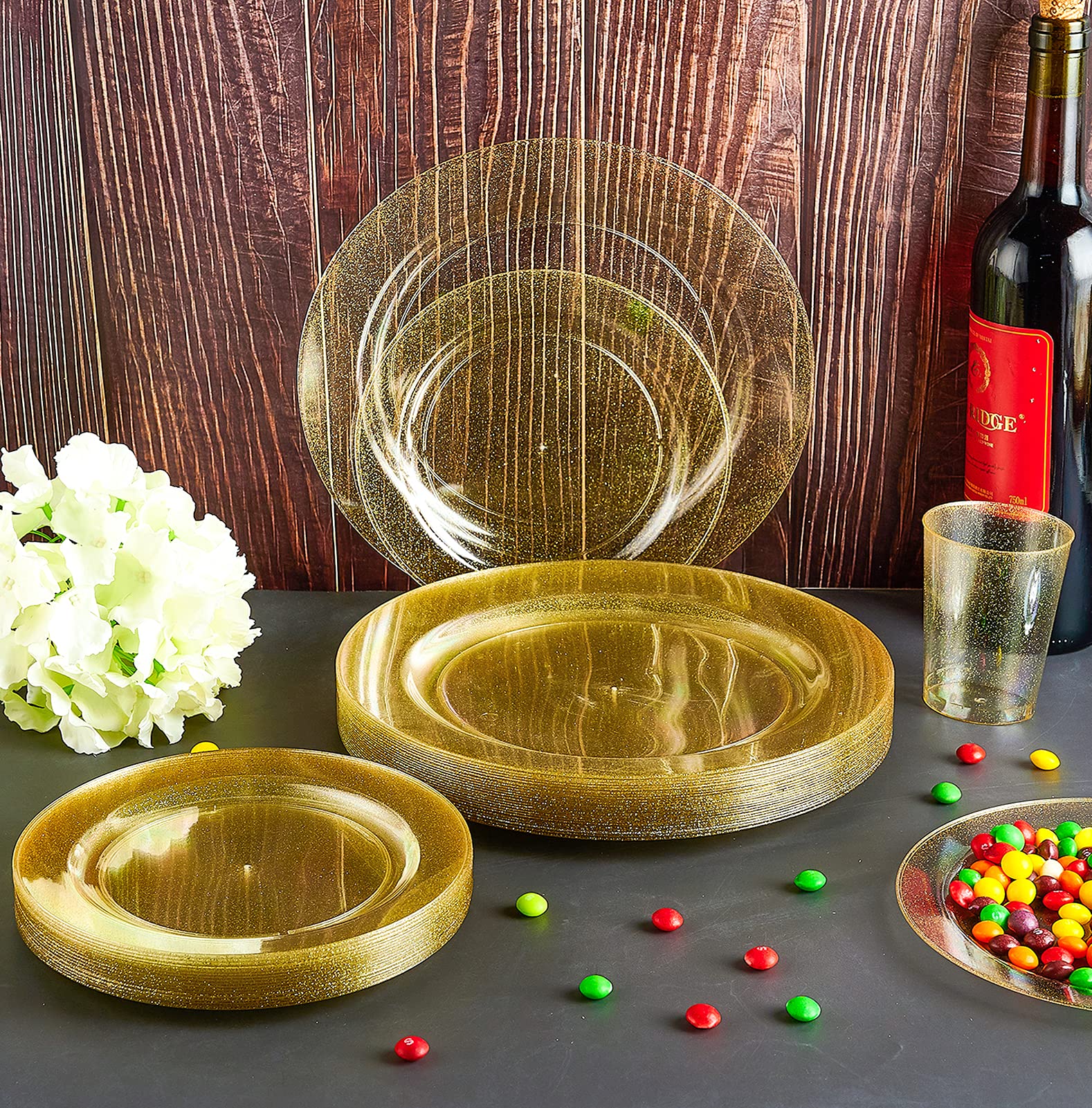Vplus 150 pcs Gold Plastic Plates with Disposable Plastic Silverware, Cups, Gold Glitter Design includes Dinner and Salad Plates, Forks, Knives, Spoons, 10 oz Cups