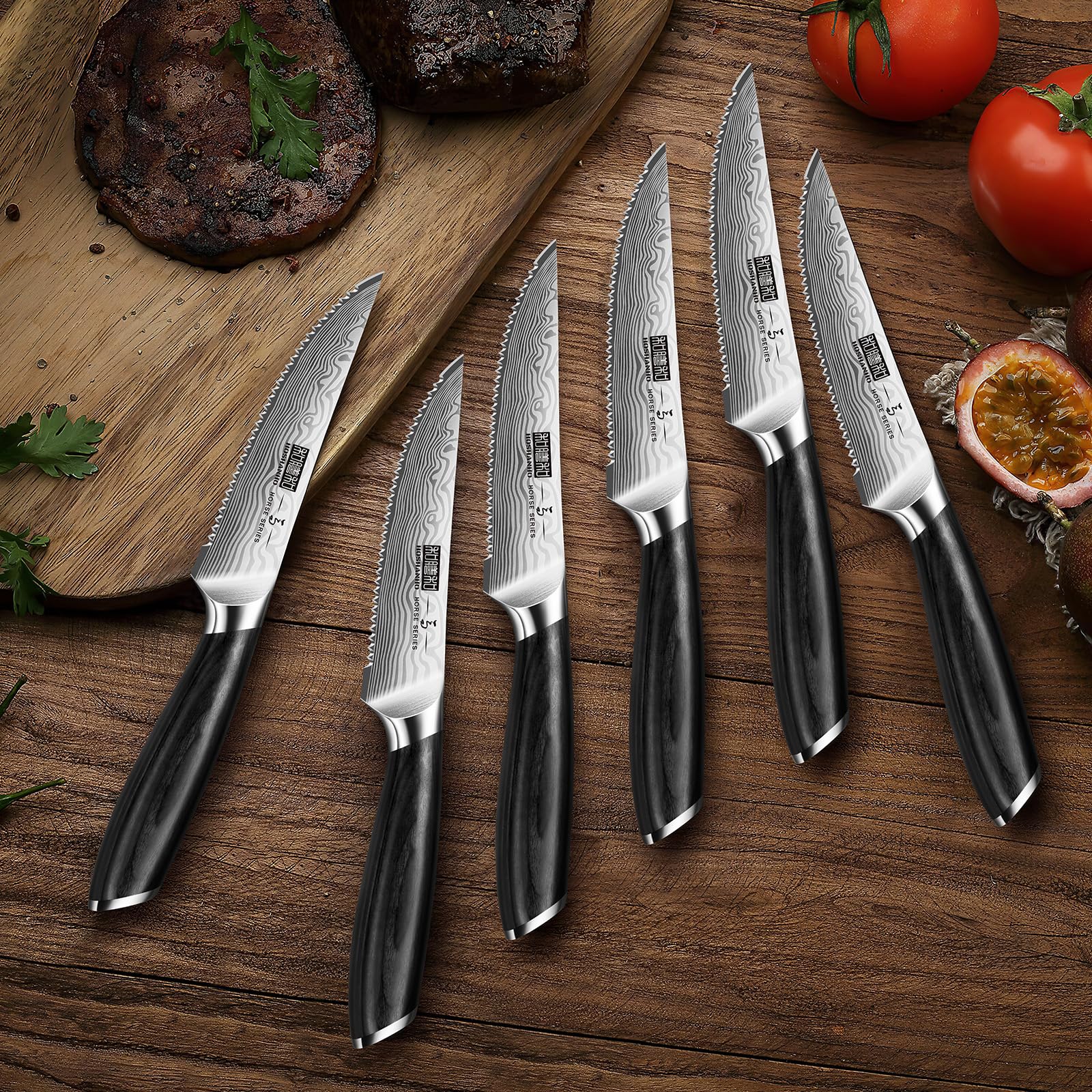 HOSHANHO Steak Knives Set of 6, 4.5 Inch Japanese Serrated Steak Knife Set, Ultra Sharp High Carbon Powder Steel Steak Knife with Pakkawood Handle
