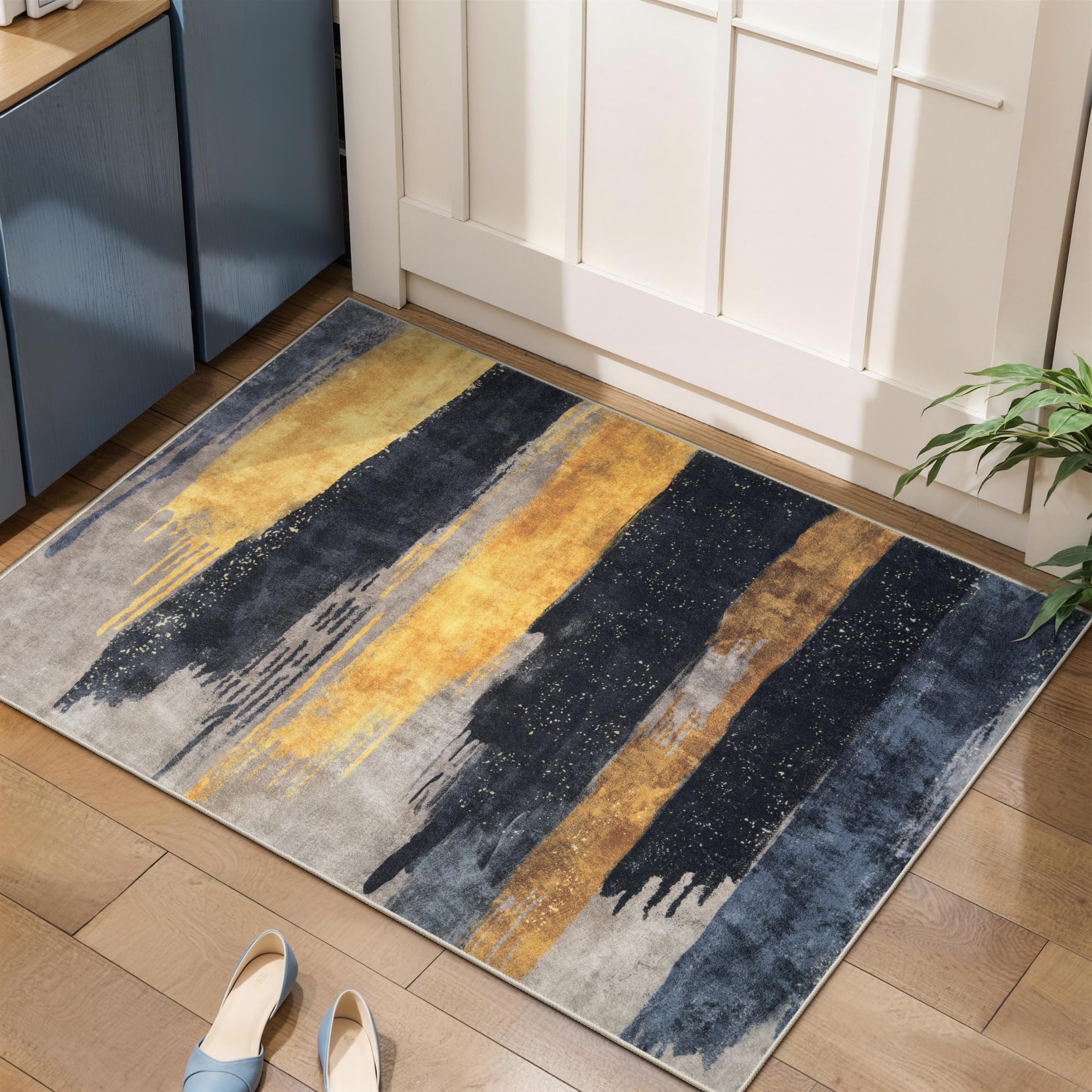 Ciicool Modern Abstract Area Rug 2x3 Washable Small Entryway Rug, Non-Slip Low Pile Throw Rug, Foldable Kitchen Bathroom Rugs, Blue Grey Floor Carpet for Entrance Living Room Bedroom Indoor Doormat