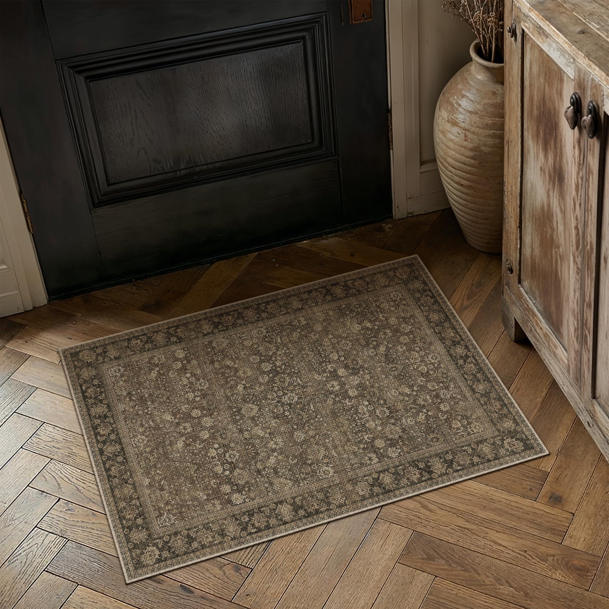 HUGEAR 5x7 Machine Washable Rugs Brown Hallway Area Rug Indoor Accent Rug Floral Low Pile Carpet Soft Throw Aesthetic Rug Bedroom Living Room Office Dining Room Kitchen Laundry Room Non Slip