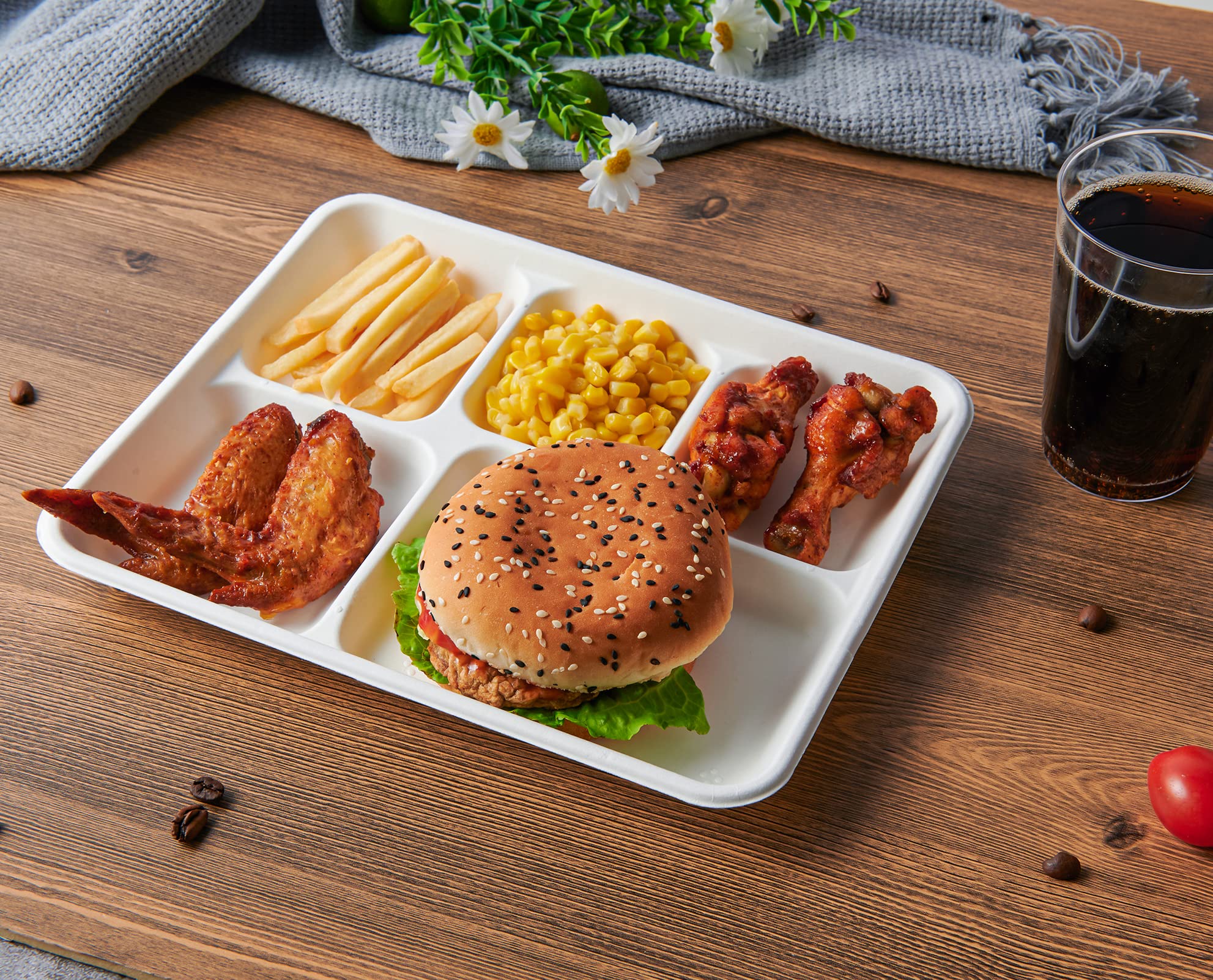 Vplus 100% Compostable 6 Compartment Plates, 90 Pack Compartment Paper Plate, 12.5x8.6 inch Disposable School Lunch Trays, Eco-Friendly Bagasse Plates for School Lunch, Buffet, and Party