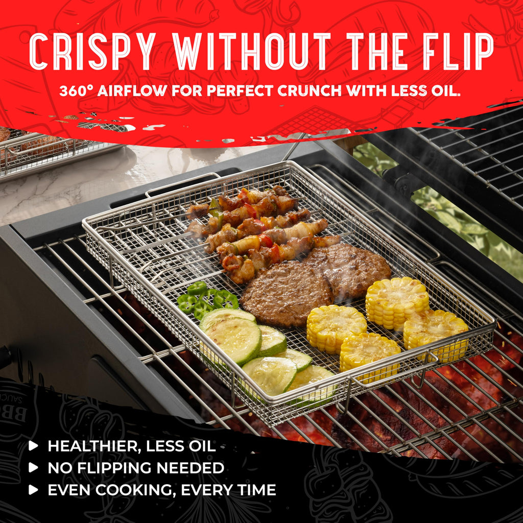 Air Fryer Basket for Oven(Set of 2) – Stainless Steel Air Fryer Tray and Pan Set with 50 Parchment Papers & Food Tongs – Oven Air Fryer Basket and Tray for Baking, Grilling, Crisping