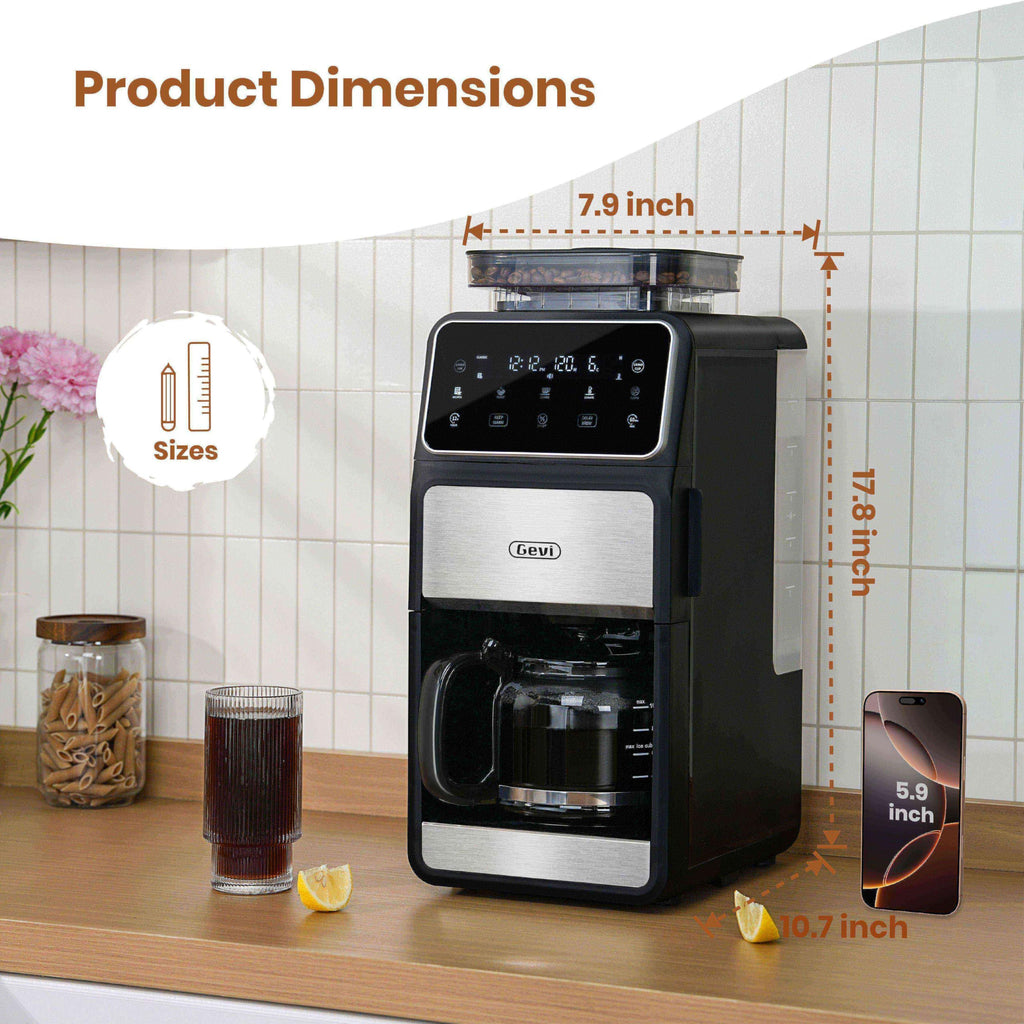 Gevi 10-Cup Drip Coffee Maker with Built-in Burr Grinder & Programmable Timer, 1.5L Water Tank, Auto Keep-Warm, Reusable Filter - Fresh Ground Coffee Machine (Black)