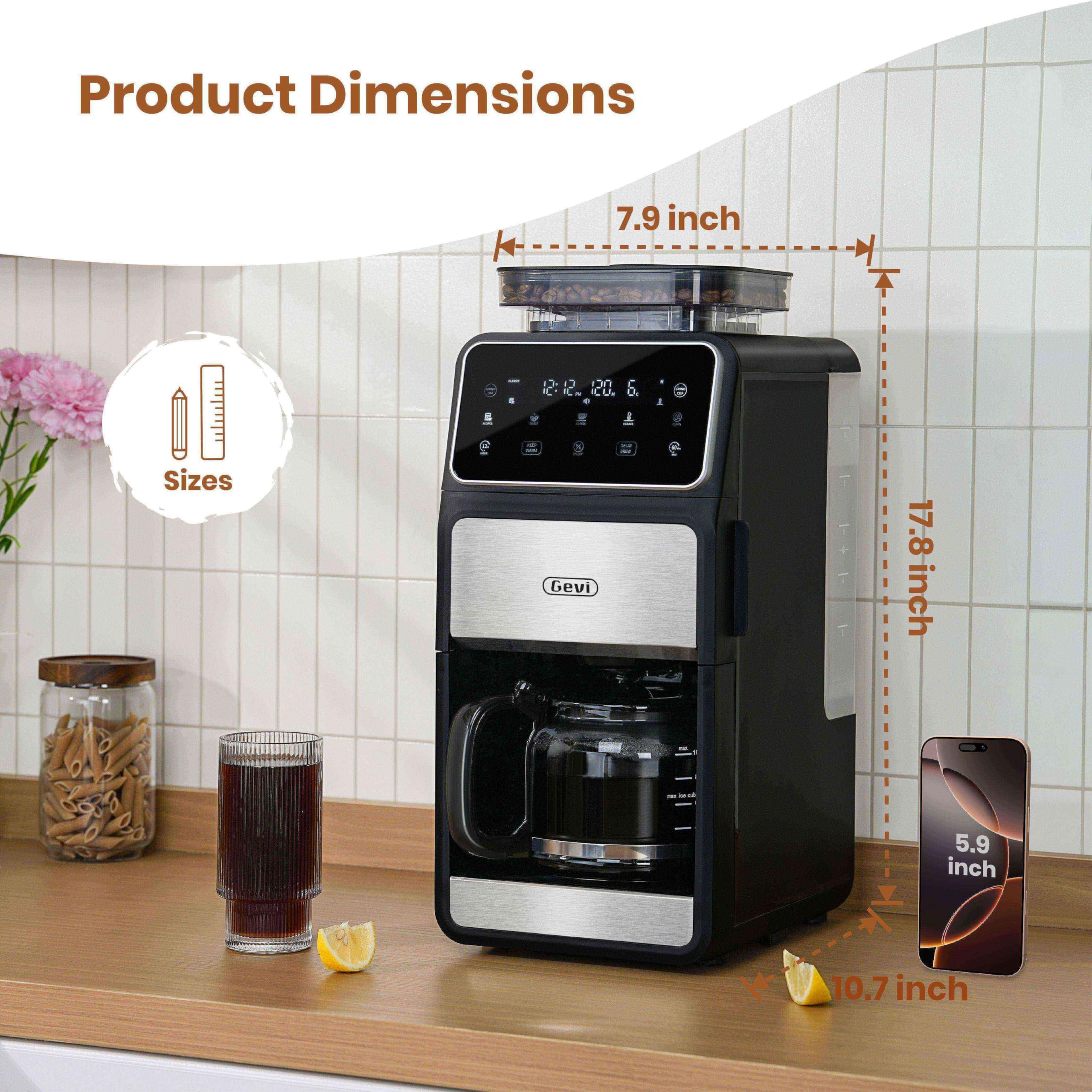 Gevi 10-Cup Drip Coffee Maker with Built-in Burr Grinder & Programmable Timer, 1.5L Water Tank, Auto Keep-Warm, Reusable Filter - Fresh Ground Coffee Machine (Black)