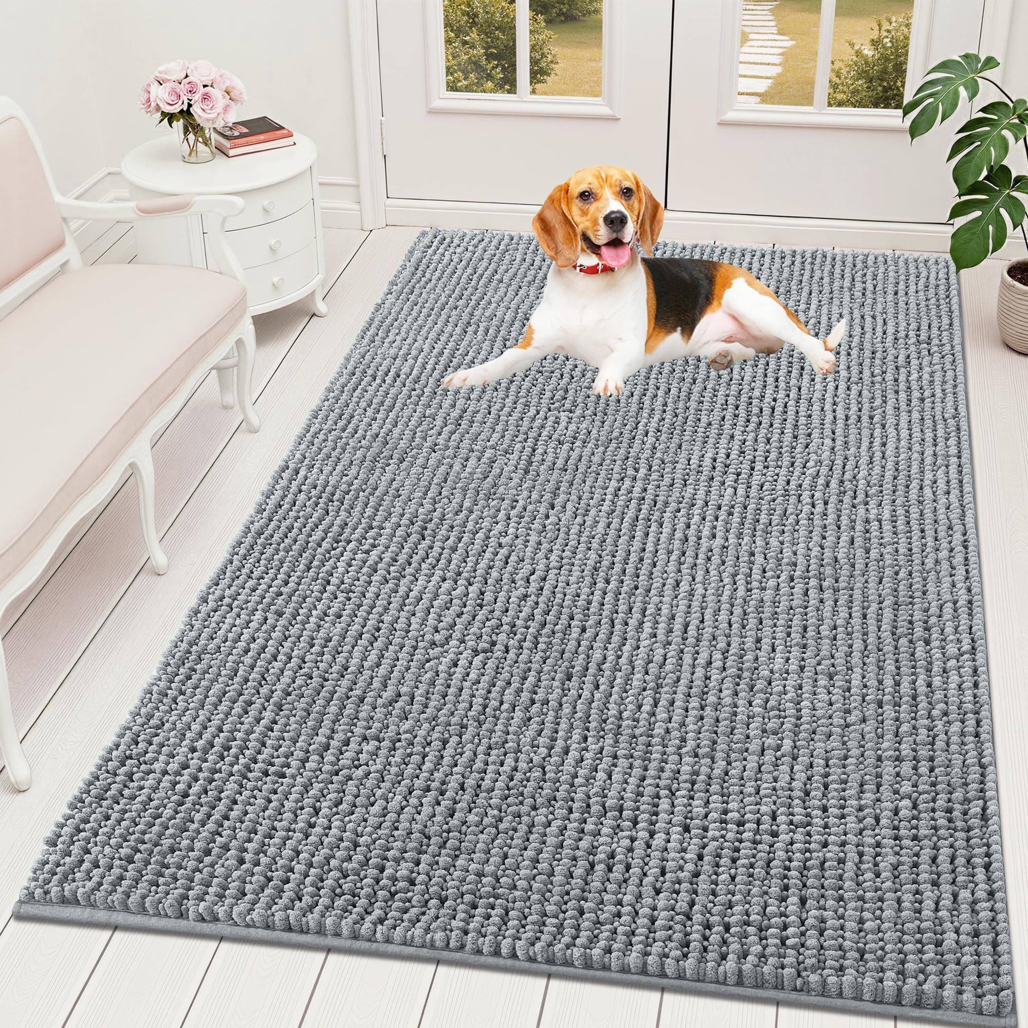 OLANLY Dog Door Mat for Muddy Paws 30x20, Ultra Absorbent Chenille Mud Doormat, Non-Slip Washable and Dirt Trapping Doormat for Indoor Entryway, Quick-Dry Indoor Pet Bed Mats for Dogs, Grey
