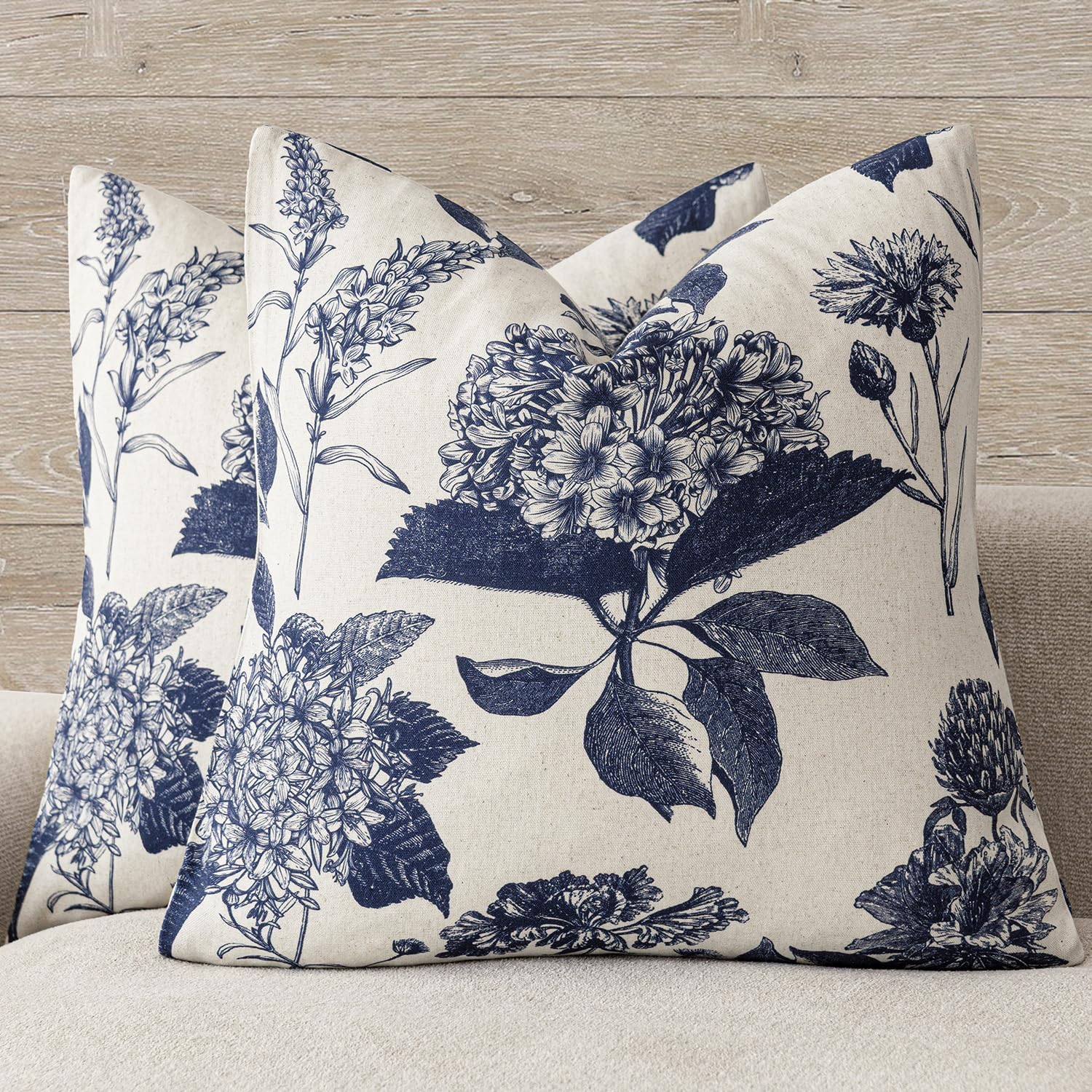 Foindtower Set of 2 Linen Floral Vintage Throw Pillow Covers Neutral Accent Print Decorative Cushion Covers Farmhouse Boho Home Decor for Sofa Chair Couch Bedroom Living Room,18×18 Inch,Blue