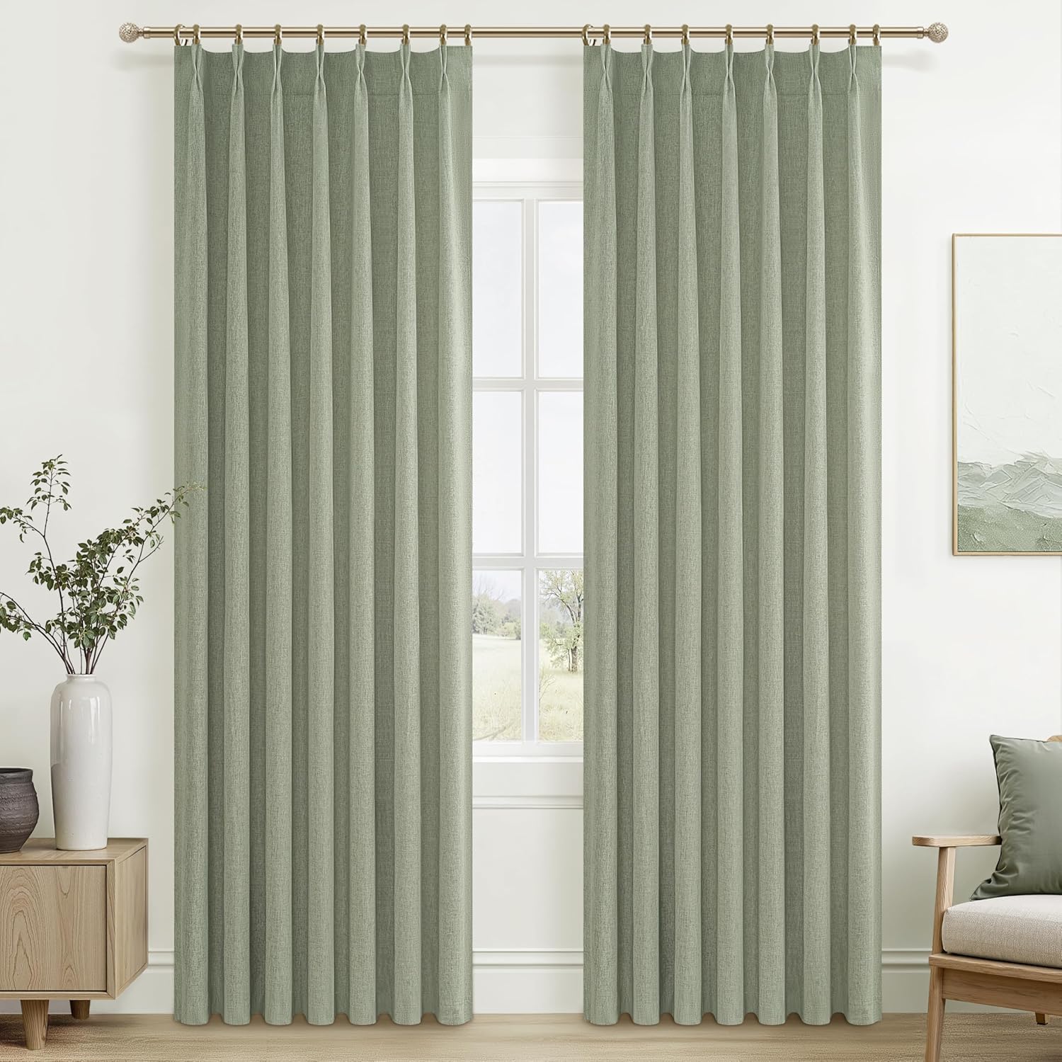 Natural Linen Pinch Pleated Blackout Curtains & Drapes 96 Inch Long Bedroom/Livingroom Farmhouse Curtains 2 Panel Sets, Neutral Track Room Darkening Thermal Insulated 8ft Back Tab Window Curtain