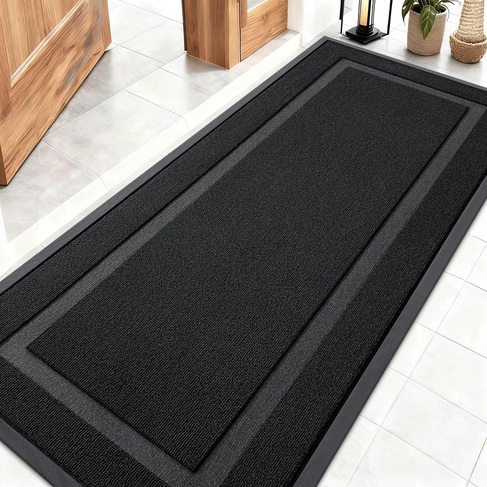 OLANLY Front Door Mat Indoor Outdoor Entrance, Waterproof All-Season, All-Weather Doormat, Sturdy Natural Rubber, Fade Resistant, Low Profile, Easy Clean Patio Porch Entryway Mat, 29.5x17, Black
