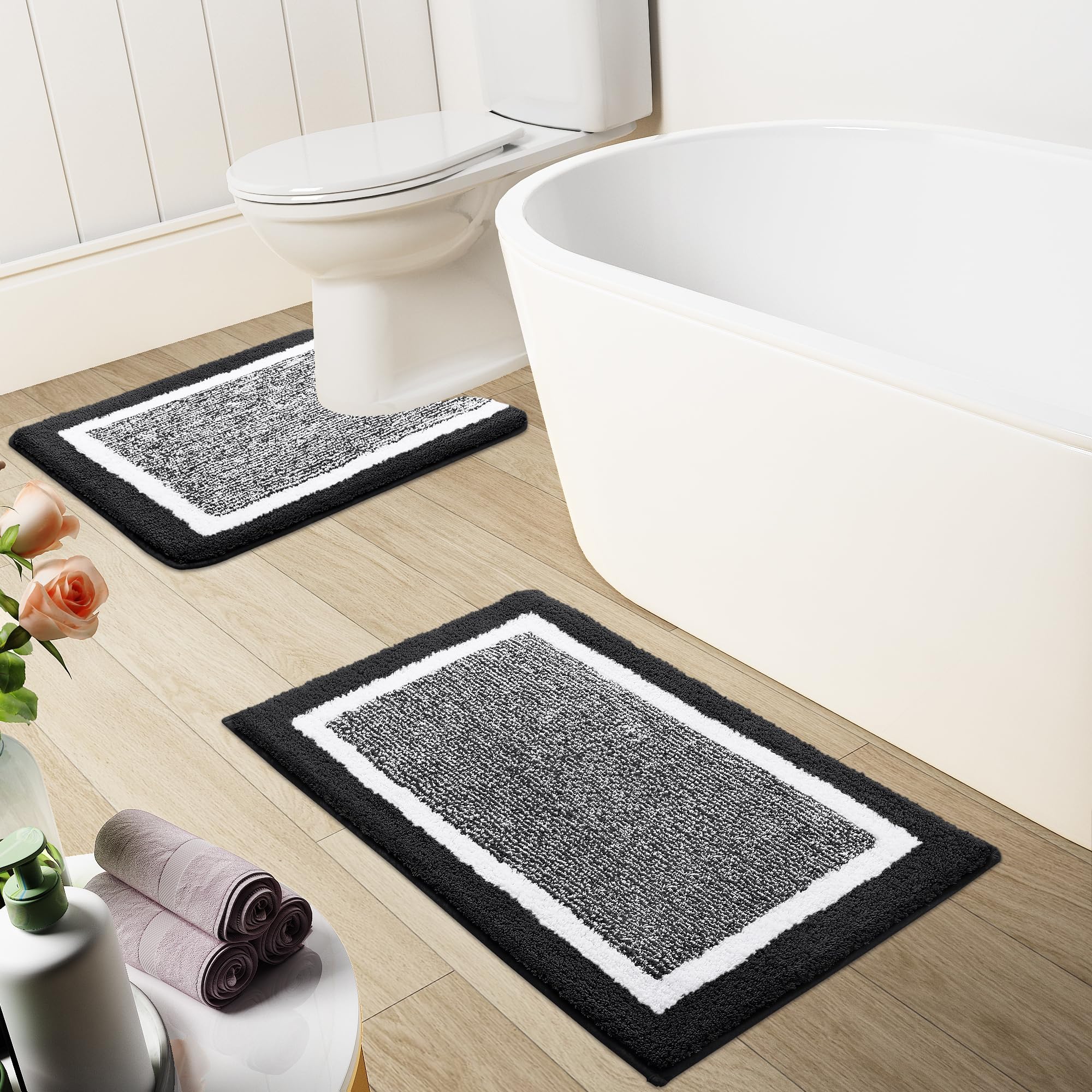 OLANLY Bathroom Rugs Sets 3 Piece, Soft Absorbent Microfiber Bath Mats and U-Shaped Contour Toilet Rug, Home Decor Accessories, Non-Slip, Bath Mat Set for Bathroom (30"x20"+24"x16"+24"x20", Grey)