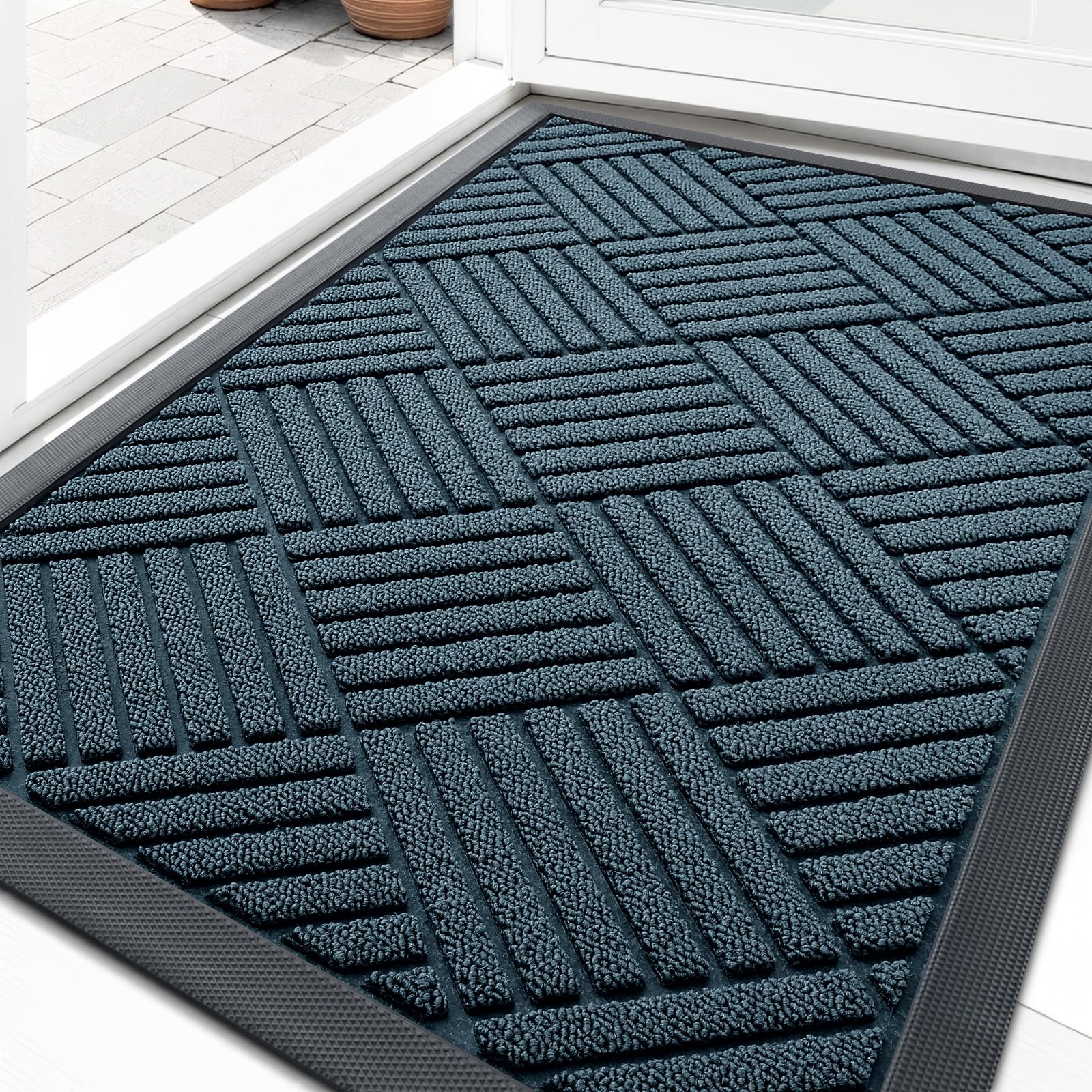 OLANLY Front Door Mat Outside Entrance 29.5x17, Absorbent, Heavy Duty Sturdy Natural Rubber Doormat Indoor Outdoor, Stain and Fade Resistant, Non-Slip Low Profile Floor Mat for Entryway, Grey Diamond