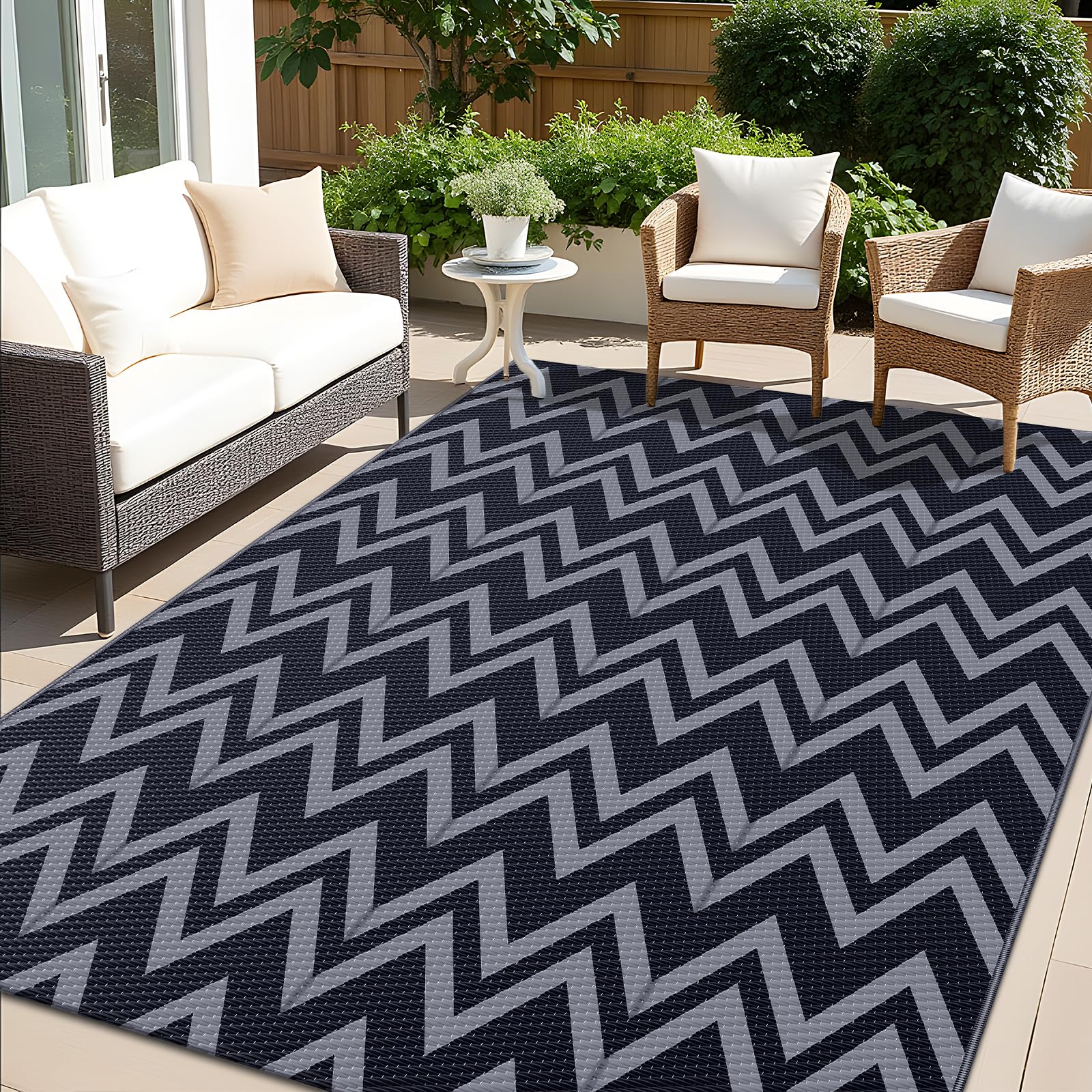 OLANLY Waterproof Outdoor Rug 5x8 ft, Outdoor Plastic Straw Rug for Camping, RV Mat Outside, Indoor Outdoor Carpet for Porch, Deck, Backyard, Balcony, Picnic, Black & White