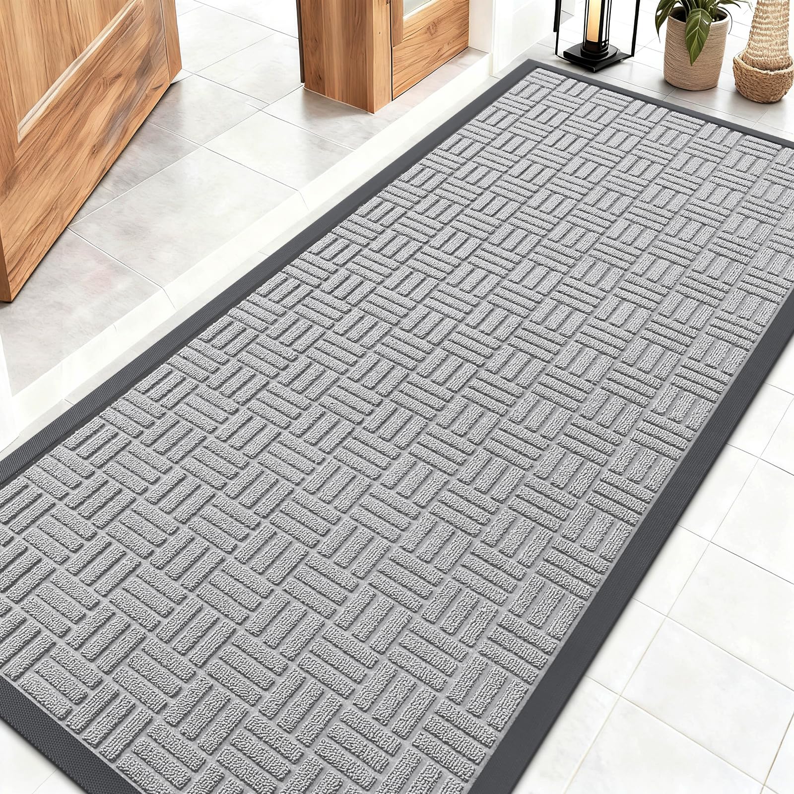 OLANLY Front Door Mat Outside Entrance 29.5x17, Absorbent, Heavy Duty Sturdy Natural Rubber Doormat Indoor Outdoor, Stain and Fade Resistant, Non-Slip Backing Low Profile Floor Mat for Entryway, Grey
