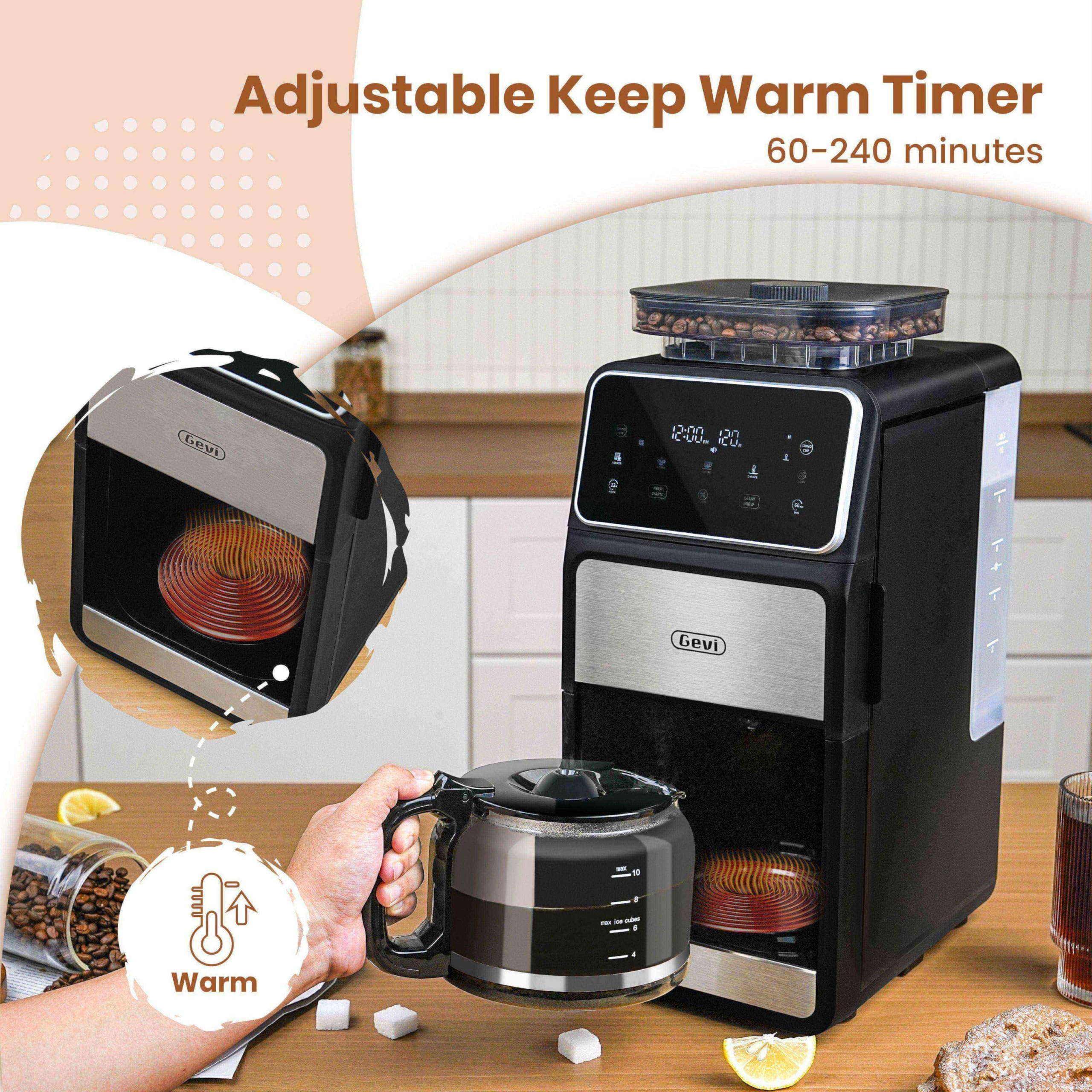 Gevi 10-Cup Drip Coffee Maker with Built-in Burr Grinder & Programmable Timer, 1.5L Water Tank, Auto Keep-Warm, Reusable Filter - Fresh Ground Coffee Machine (Black)