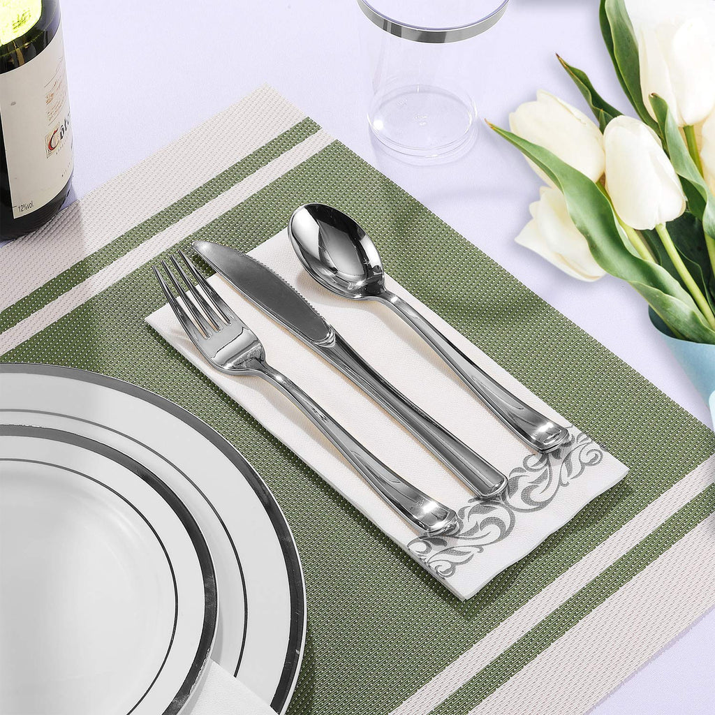FOCUSLINE 350 Ct Disposable Dinnerware Set for 50 Guests -Heavy Duty Plastic Plates with Gold Rim, Includes 50 Dinner & Salad Plates, Cups, Napkins, Cutlery Set