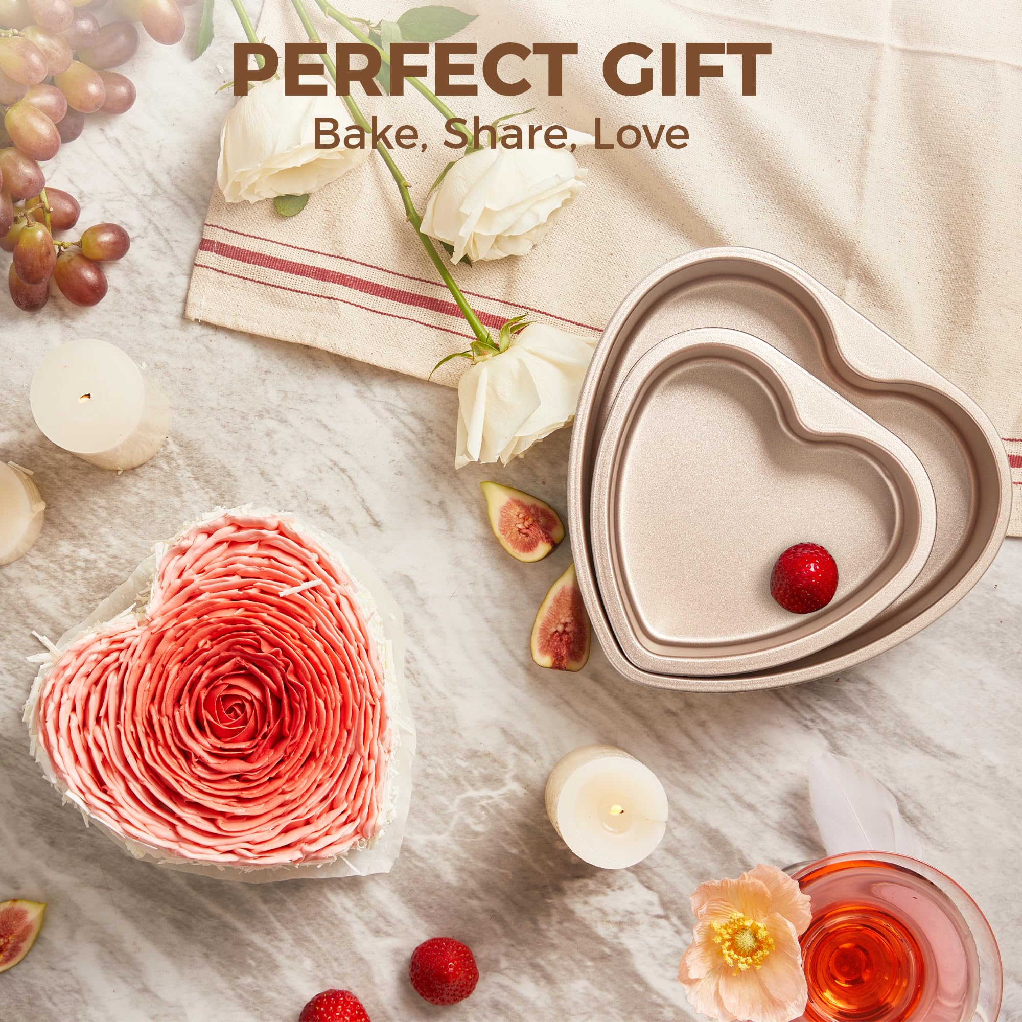 HONGBAKE Heart Shaped Cake Pan, Nonstick 8 & 6 inch Cheesecake Pans Set, Heart Shape Layer Cake Mold, Baking Tin for Valentine's Day, Weddings, 2 Pieces, Heavy Duty, Grey