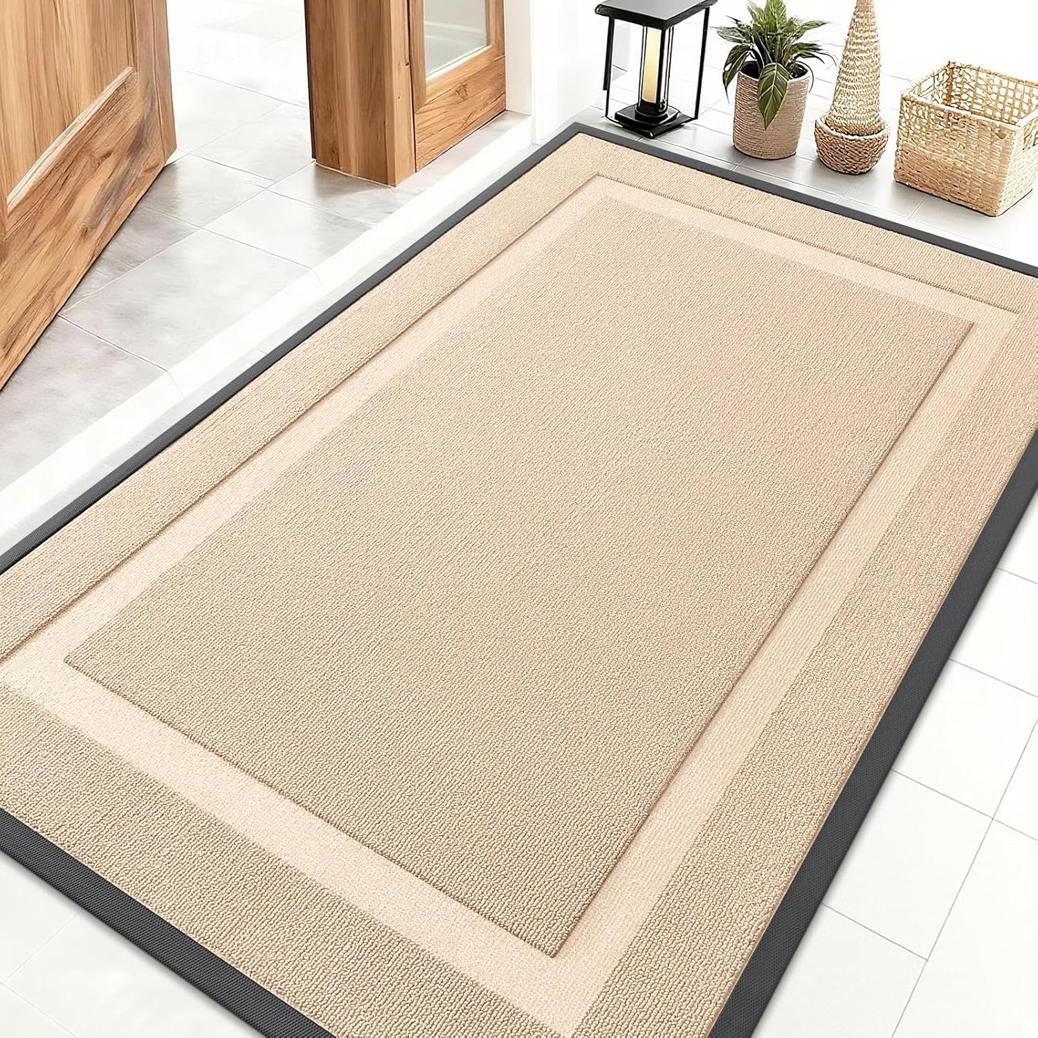 OLANLY Front Door Mat Indoor Outdoor Entrance, Waterproof All-Season, All-Weather Doormat, Sturdy Natural Rubber, Fade Resistant, Low Profile, Easy Clean Patio Porch Entryway Mat, 29.5x17, Beige