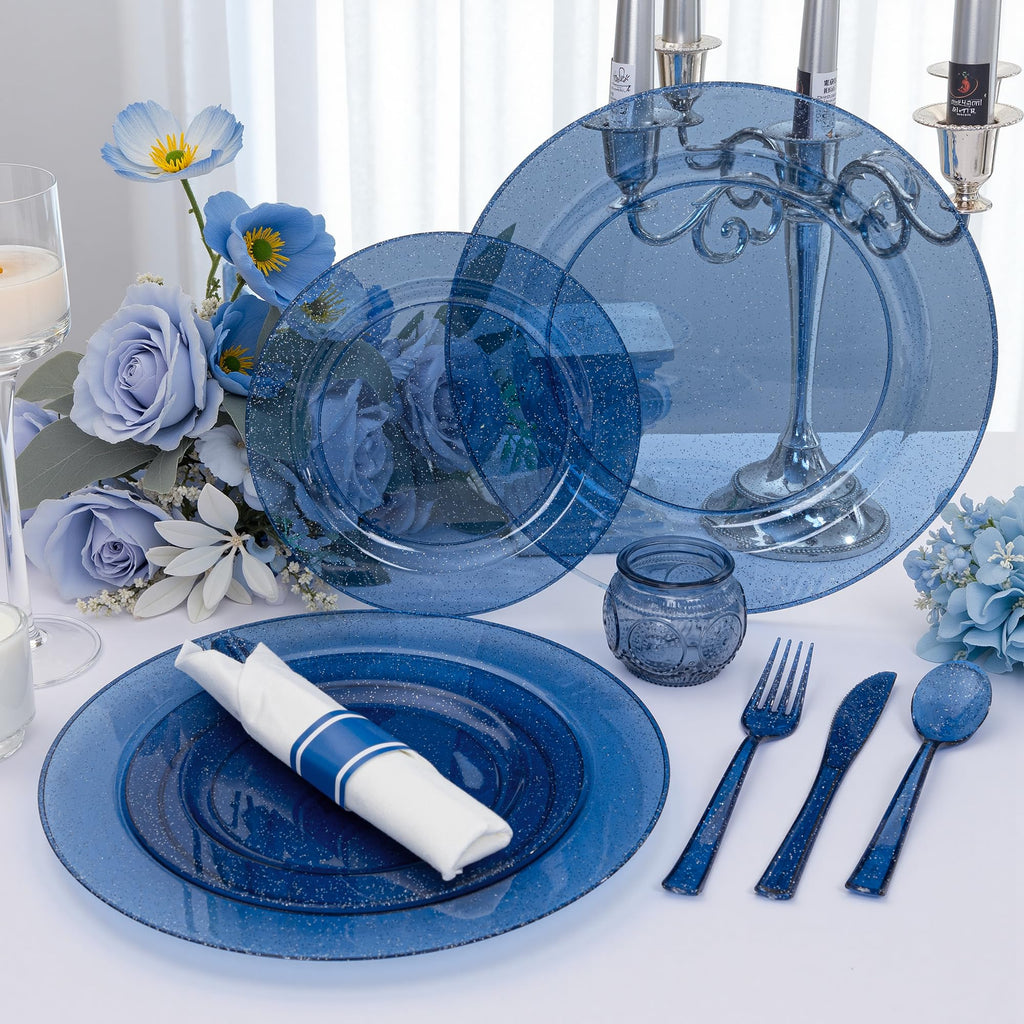 DaYammi 350PCS Gold Plastic Dinnerware Set for 50 Guests, Fancy Disposable Plates for Party, Include: 50 Dinner Plates, 50 Dessert Plates, 50 Pre Rolled Napkins with Gold Silverware, 50 Cups