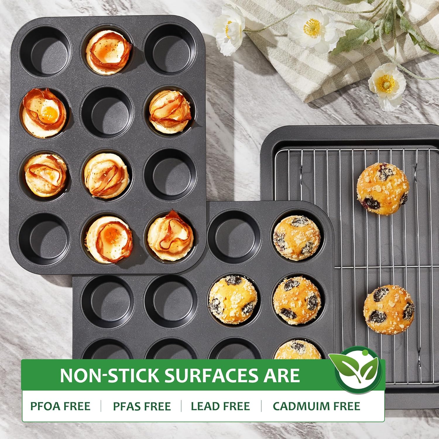 HONGBAKE Muffin Pan for Baking, Nonstick Cupcake Tin 12 Cup, 4 Pack Cup Cake Tray, Premium Cheesecake Pans, Dishwasher Safe - Dark Grey