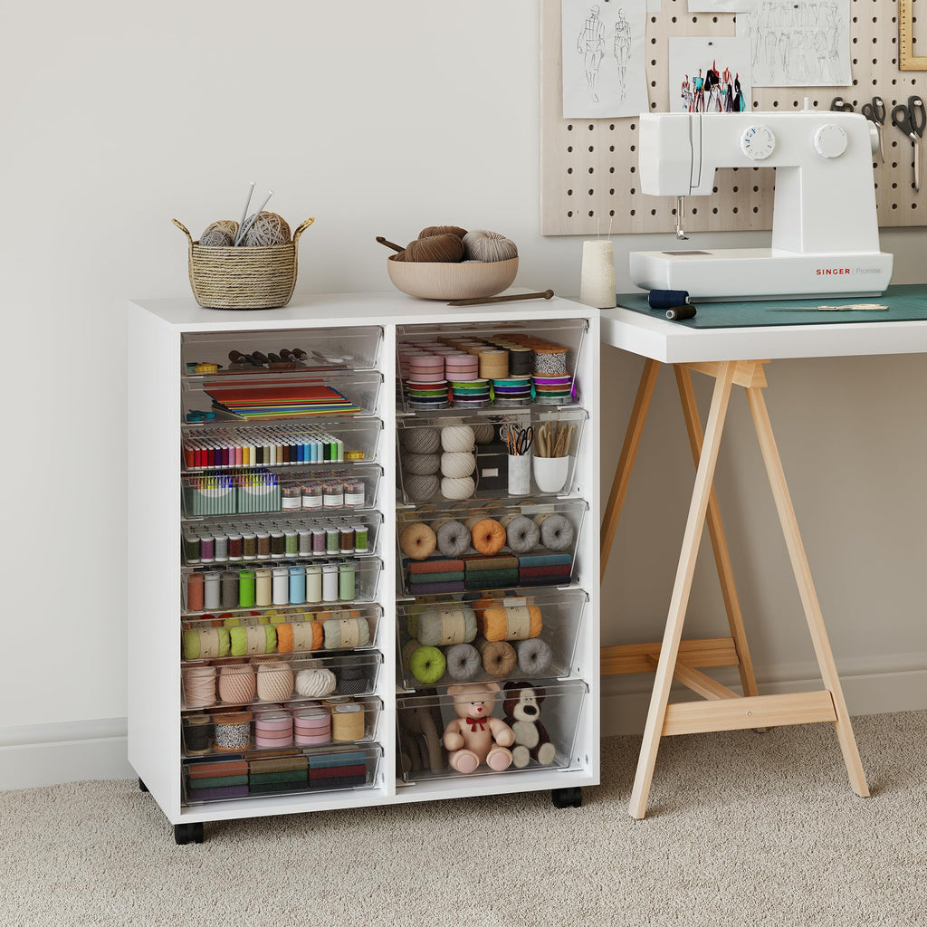 WOPITUES Storage Drawer Cart, Mobile Storage Cabinet, Makeup Storage with 10 Large Clear Drawers, Utility Wooden Rolling Cart on Wheels, for Cosmetic, Art Craft, Office Supplies, Toy, White